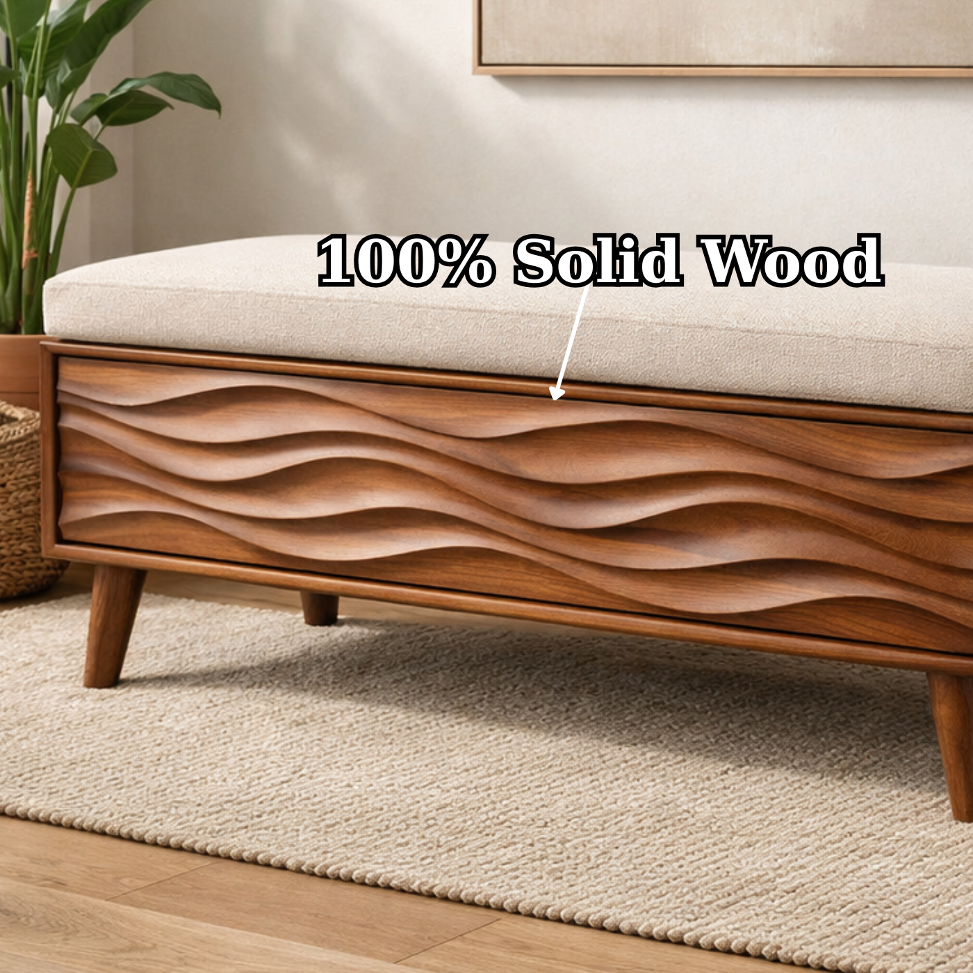 Solid Wood Storage Bench with Upholstered Seat and Wave Carved Front