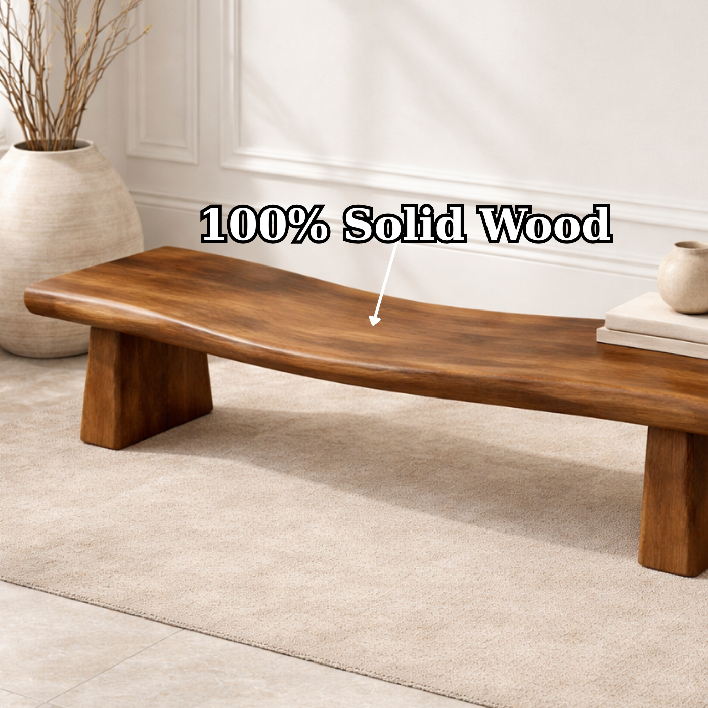 Handcrafted Solid Wood Curved Bench with Sculptural Pedestal Legs