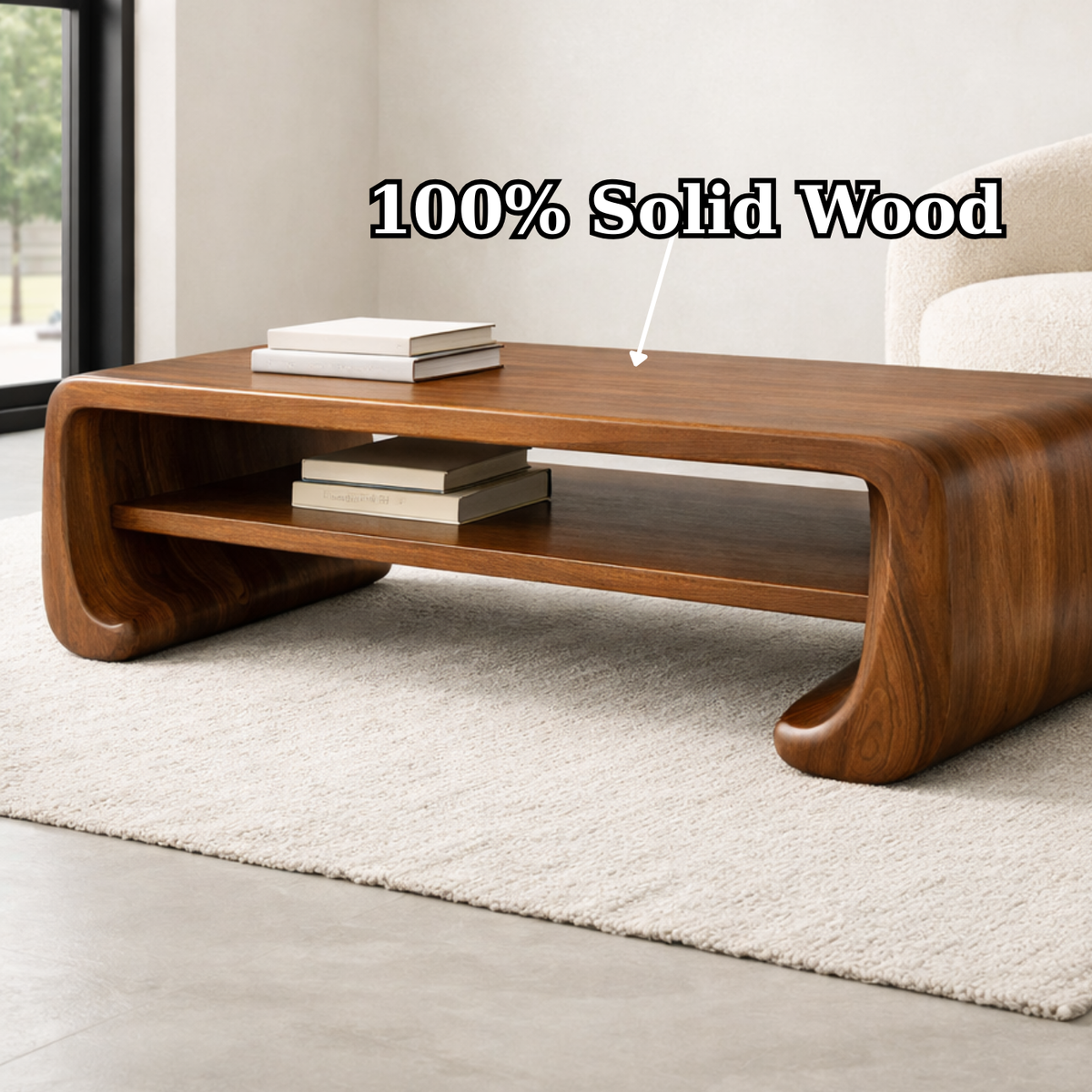 Handcrafted Solid Wood Sculptural Coffee Table with Open Shelf
