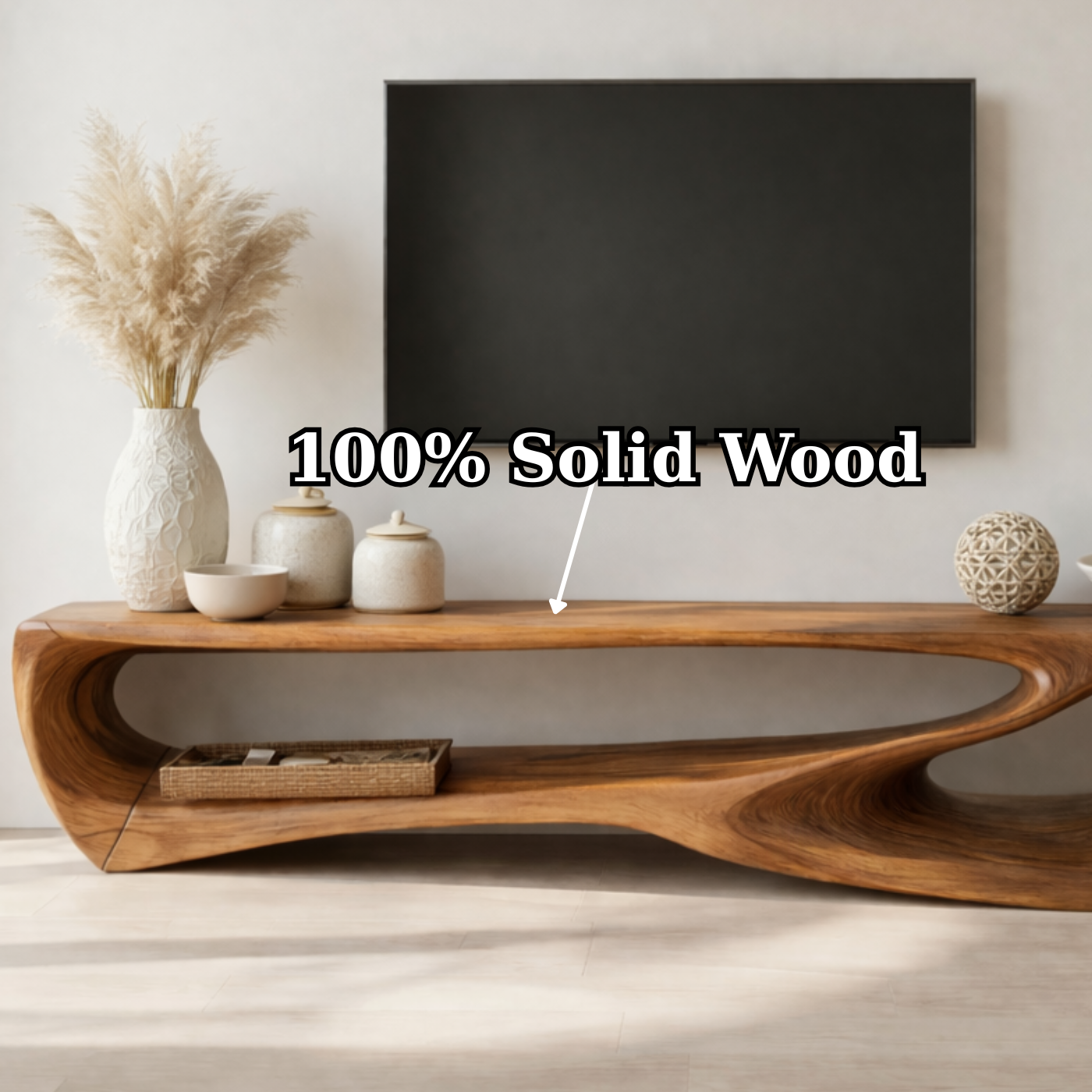 Handcrafted Solid Wood Sculptural TV Stand with Open Shelf Design