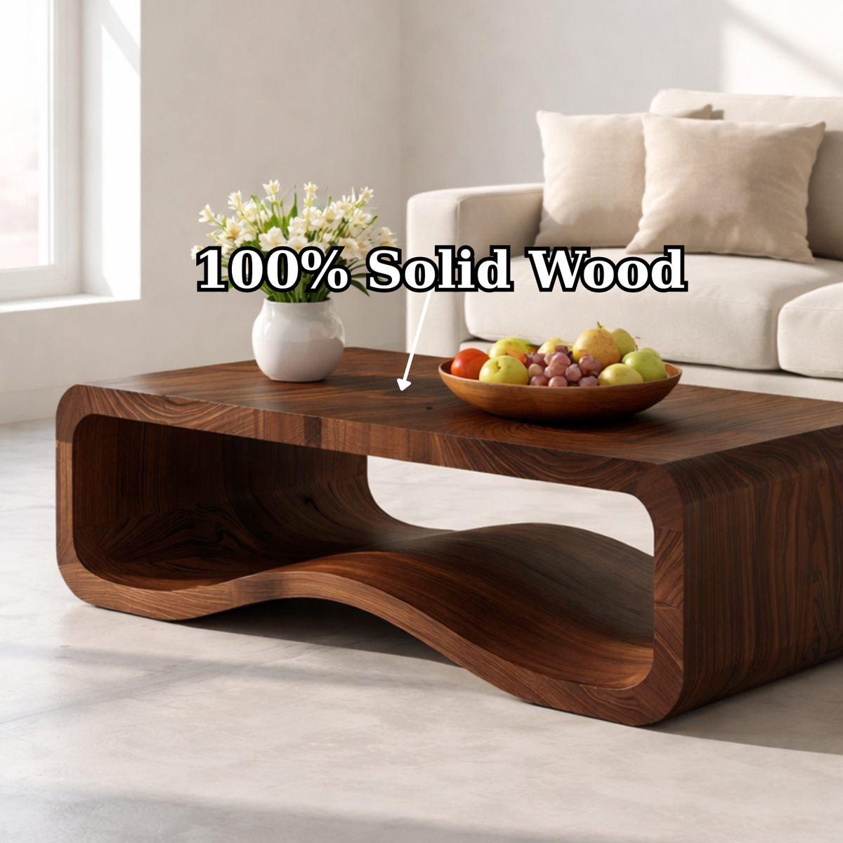Solid Wood Sculptural Coffee Table with Open Curved Shelf