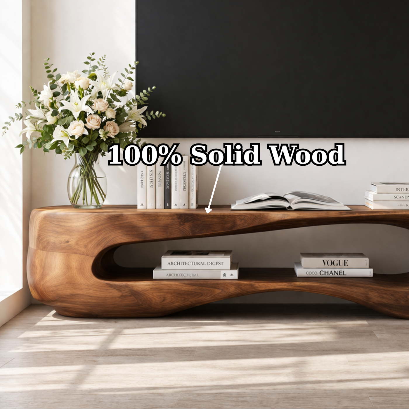 Solid Wood Sculptural TV Stand with Open Shelf and Organic Design