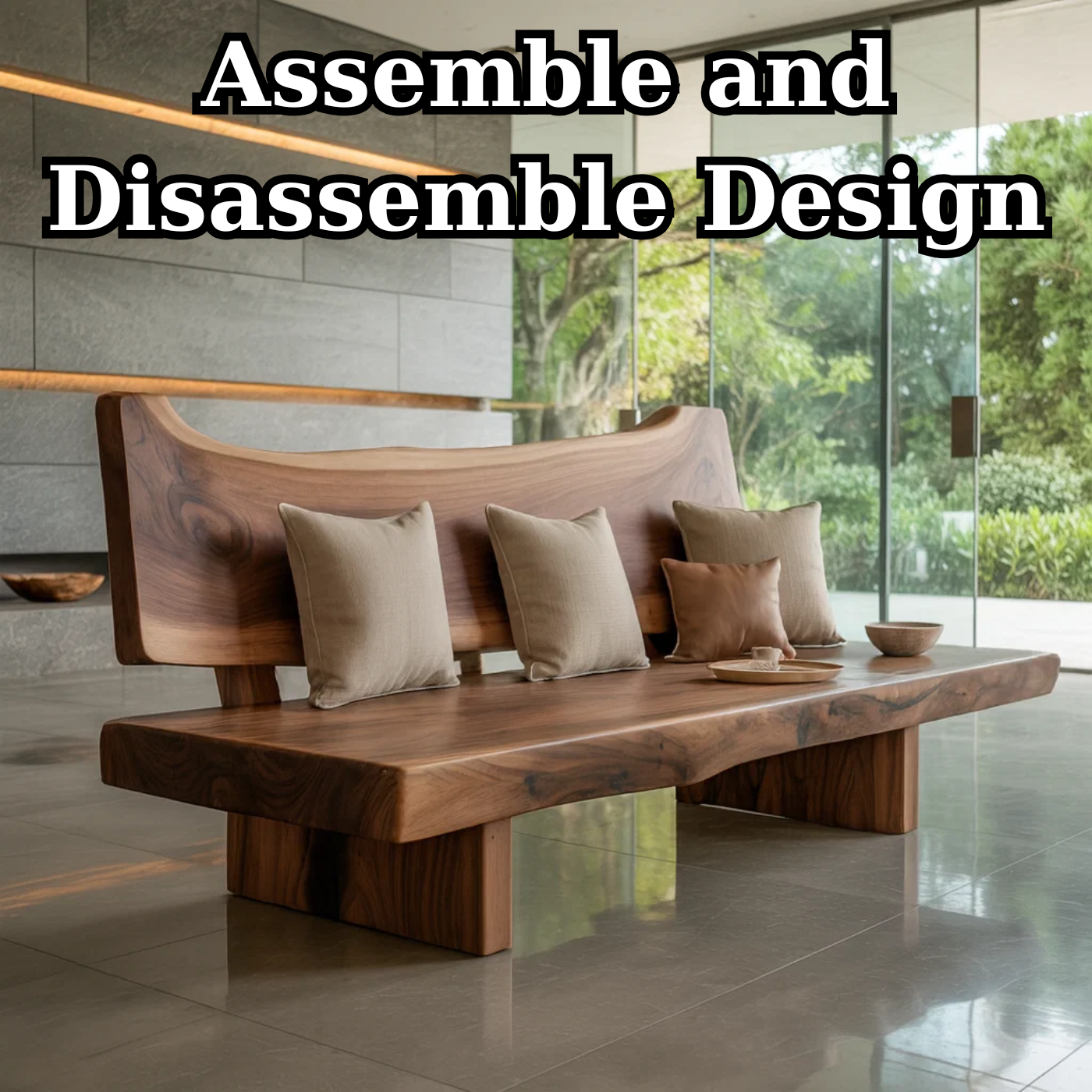 Handcrafted Solid Wood Sofa – Rustic Live Edge Wood Bench Couch with Sculpted Backrest Design Kitchnce