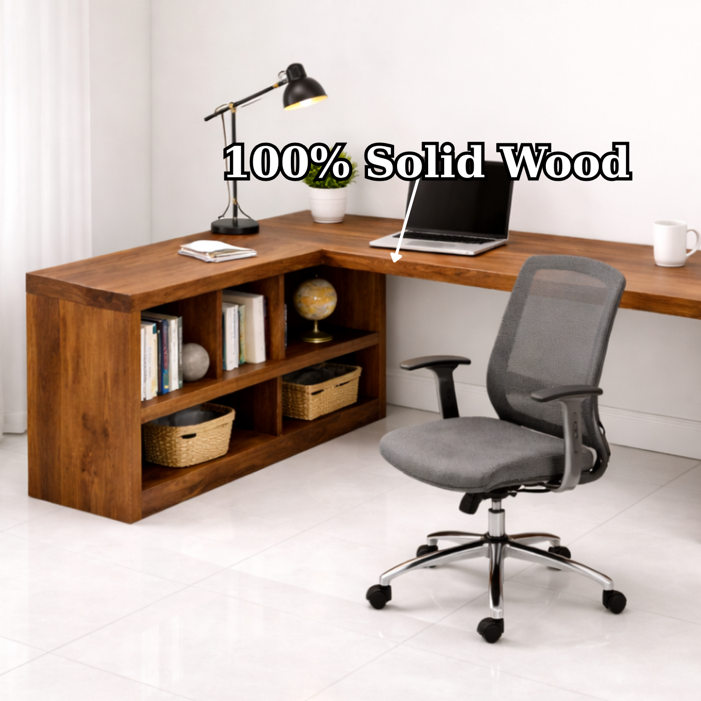Solid Wood L-Shaped Desk with Open Shelves for Home Office