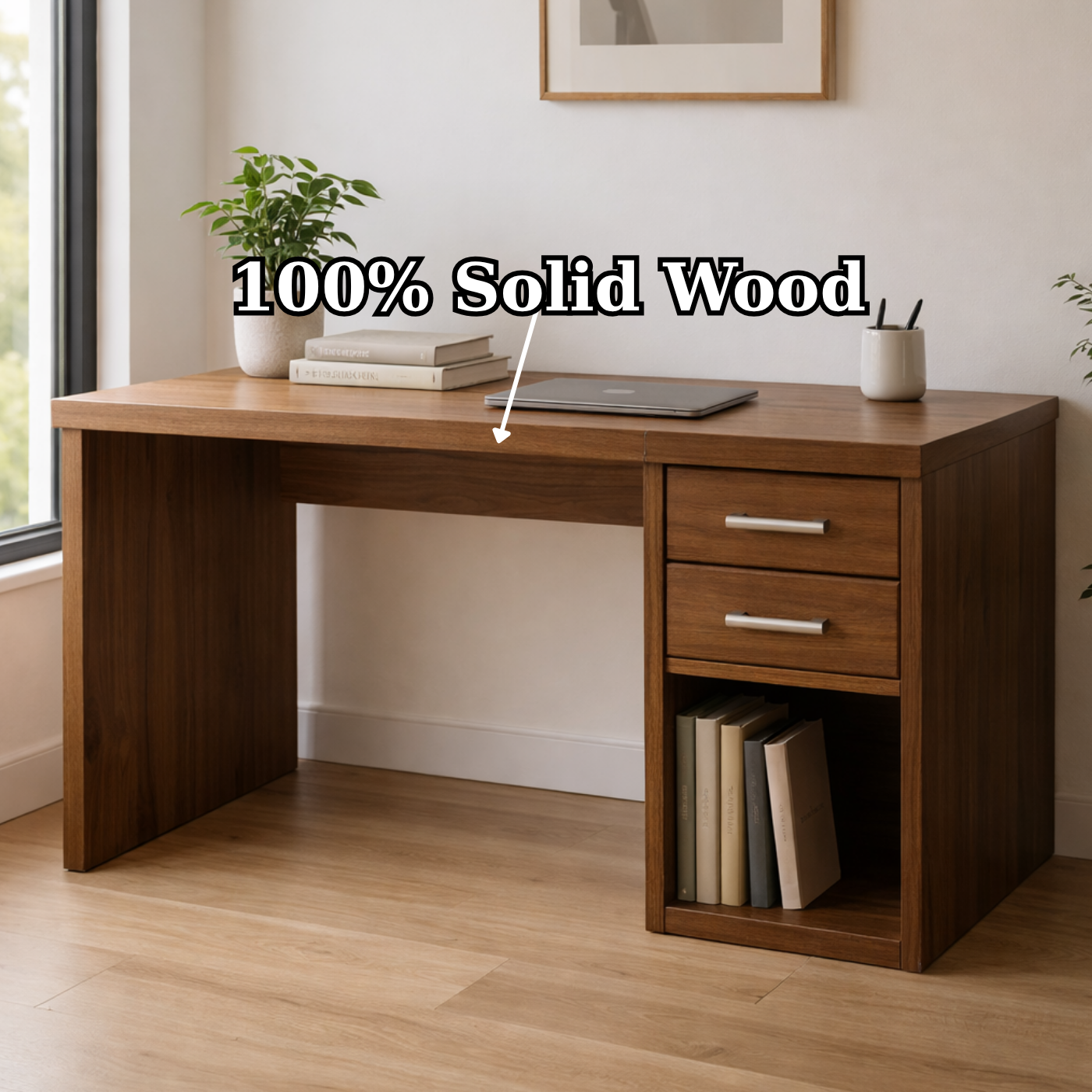 Solid Wood Desk with Drawers and Open Storage for Home Office