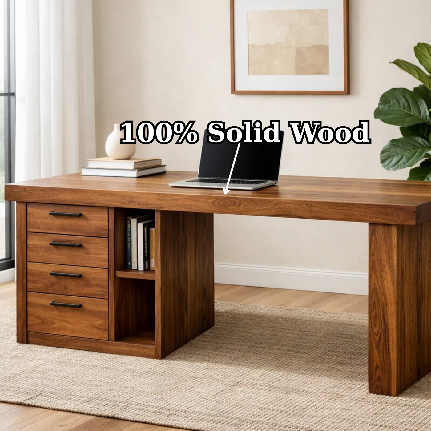 Handcrafted Solid Wood Office Desk with Storage Drawers and Open Shelf