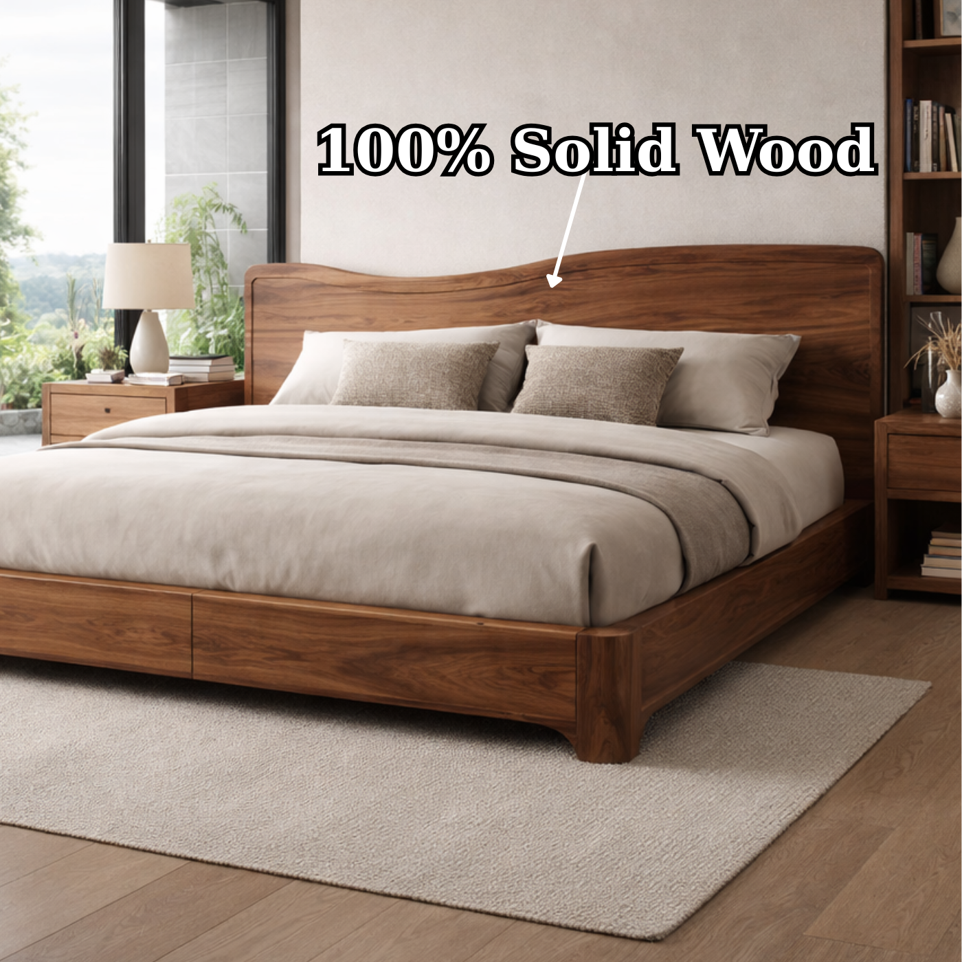 Solid Wood Bed Frame with Curved Headboard and Modern Low-Profile Design