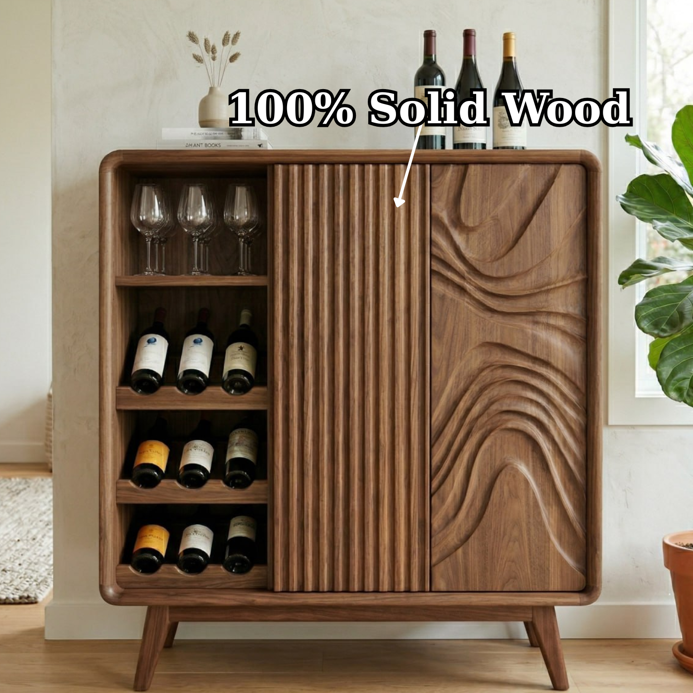 Solid Wood Wine Cabinet with Fluted Panel and Sculptural Door Design