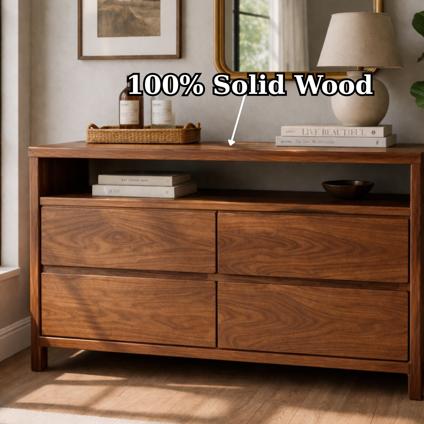 Solid Wood Console Table with Open Shelf and Drawer Storage for Modern Living Room