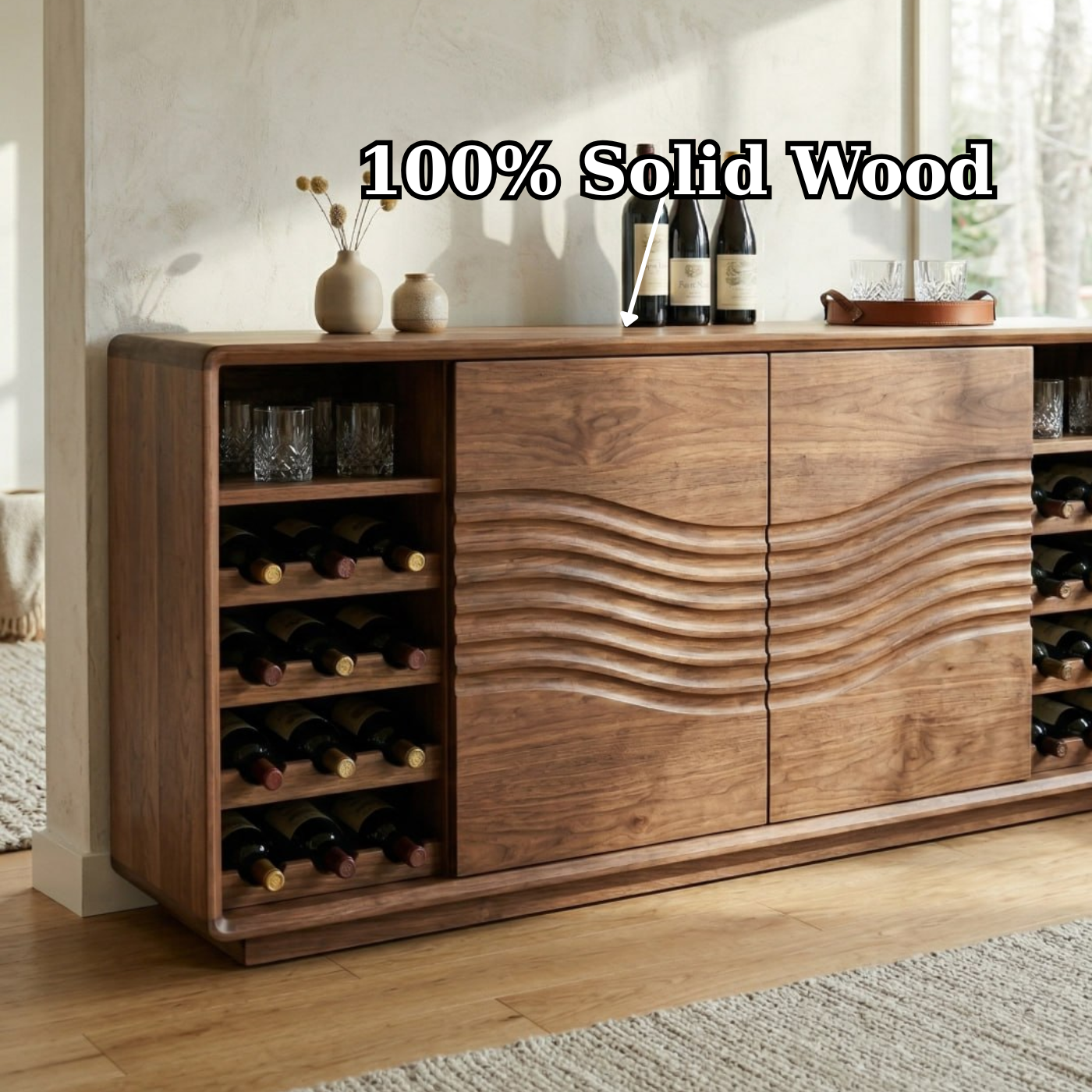 Solid Wood Wine Cabinet with Wave Front Doors and Built-in Bottle Storage