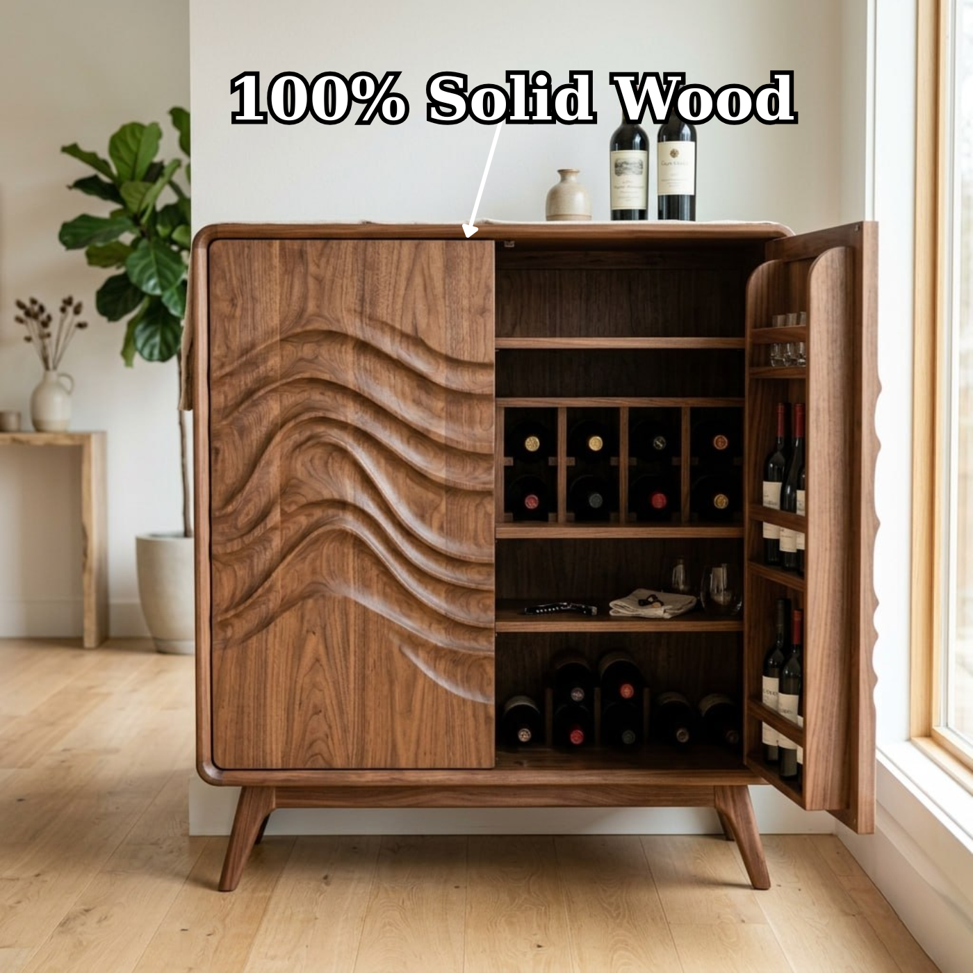 Handcrafted Solid Wood Wine Cabinet with Sculpted Wave Door and Storage Shelves