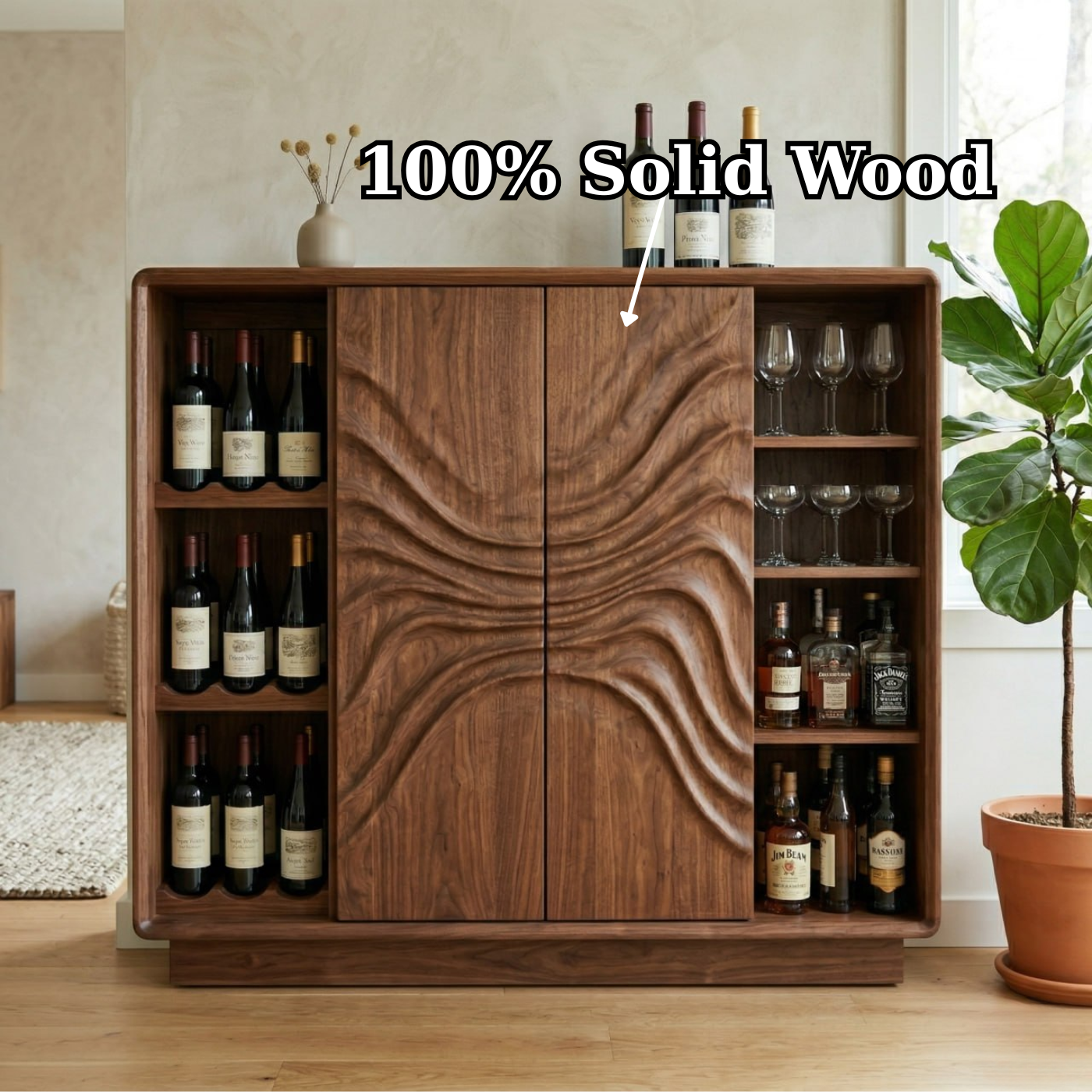 Solid Wood Wine Cabinet with Sculptural Wave Doors and Glass & Bottle Storage