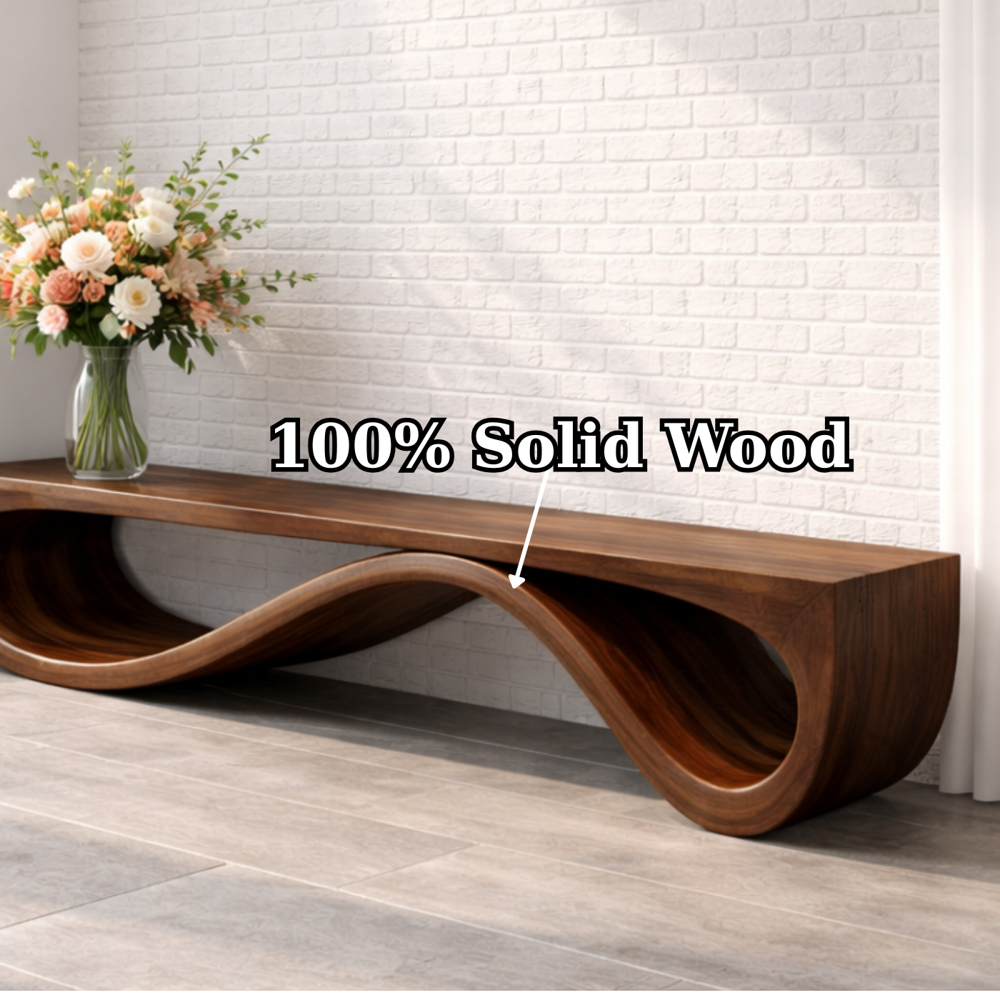 Handcrafted Solid Wood Bench with Sculptural Wave Base Design