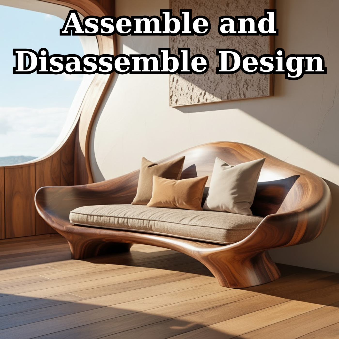 Handcrafted Solid Wood Sofa – Sculptural Organic Wood Couch with Smooth Curves and Linen Cushion Kitchnce