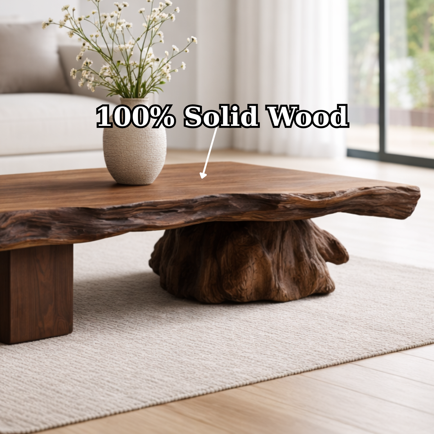 Live Edge Solid Wood Coffee Table with Sculptural Base – Handcrafted Rustic Modern Design