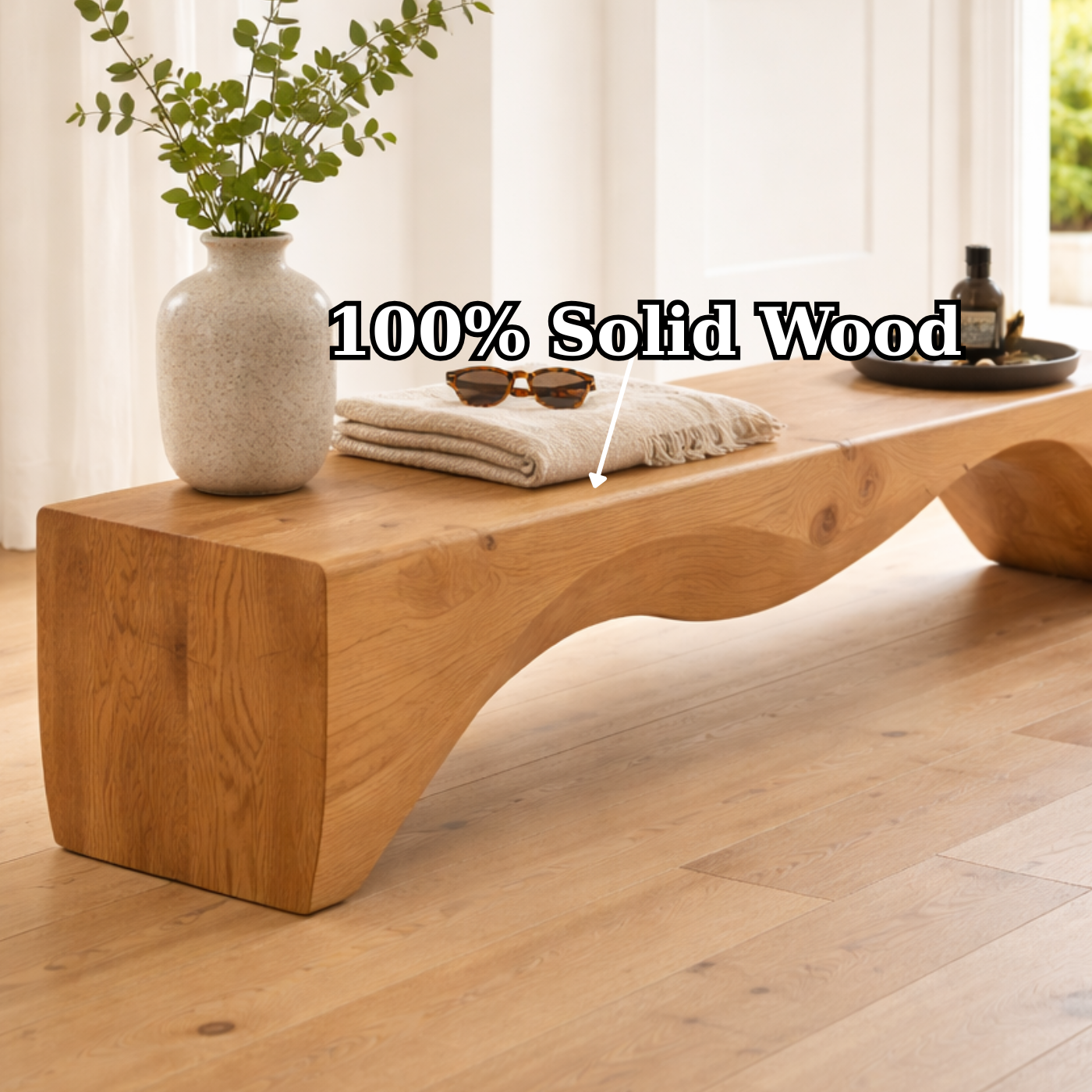 Solid Wood Entryway Bench with Curved Sculptural Base – Modern Minimalist Design