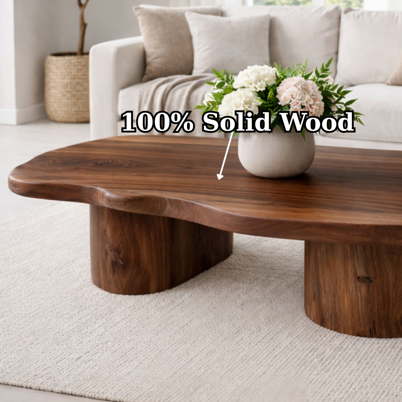 Solid Wood Coffee Table with Organic Shape & Dual Pedestal Base – Modern Rustic Design