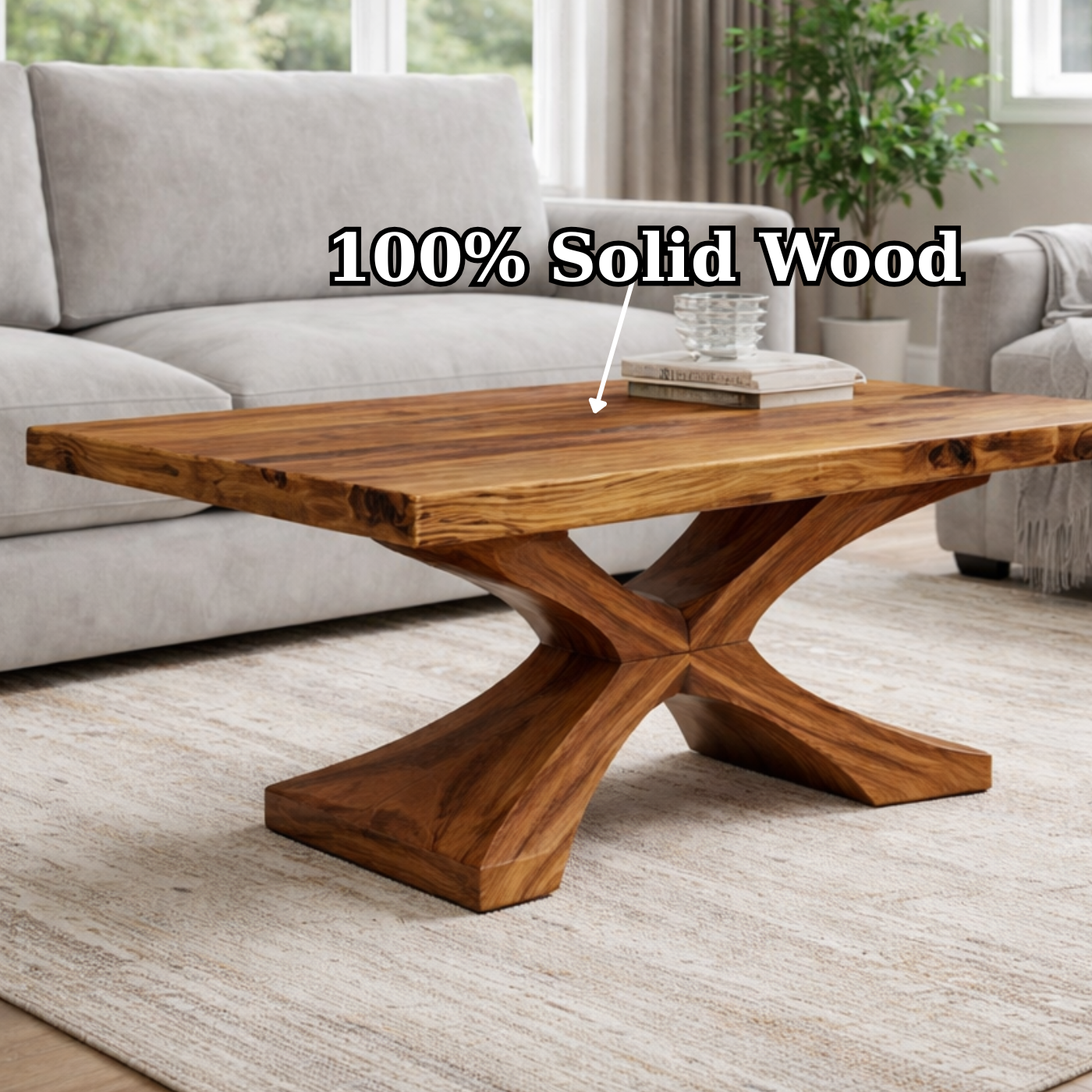 Solid Wood Coffee Table with Sculptural X Base – Modern Rustic Living Room Table
