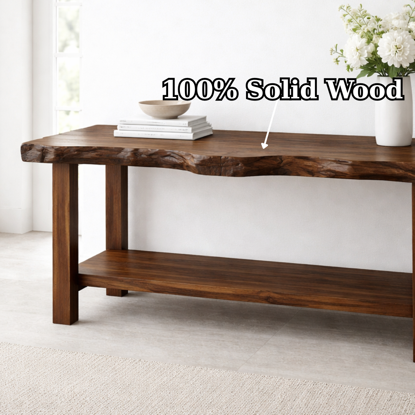 Solid Wood Console Table with Live Edge Top – Rustic Entryway & Sofa Table with Shelf