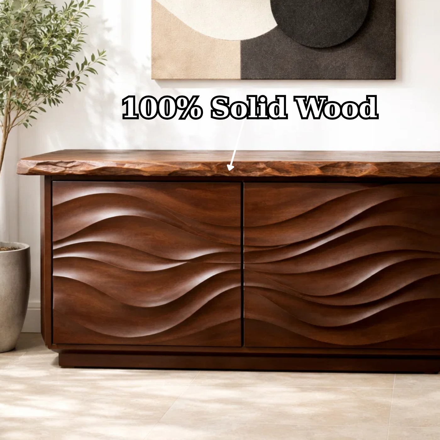 Solid Wood Console Table with Carved Wave Doors – Modern Sculptural Entryway Cabinet
