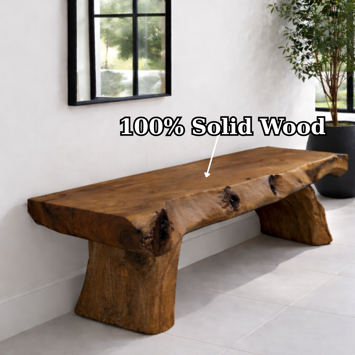 Solid Wood Live Edge Bench – Rustic Entryway Seating with Natural Tree Base