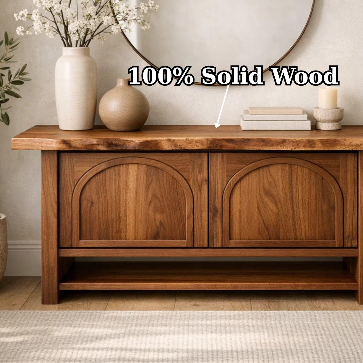 Solid Wood Console Cabinet – Rustic Entryway Storage Table with Arched Doors