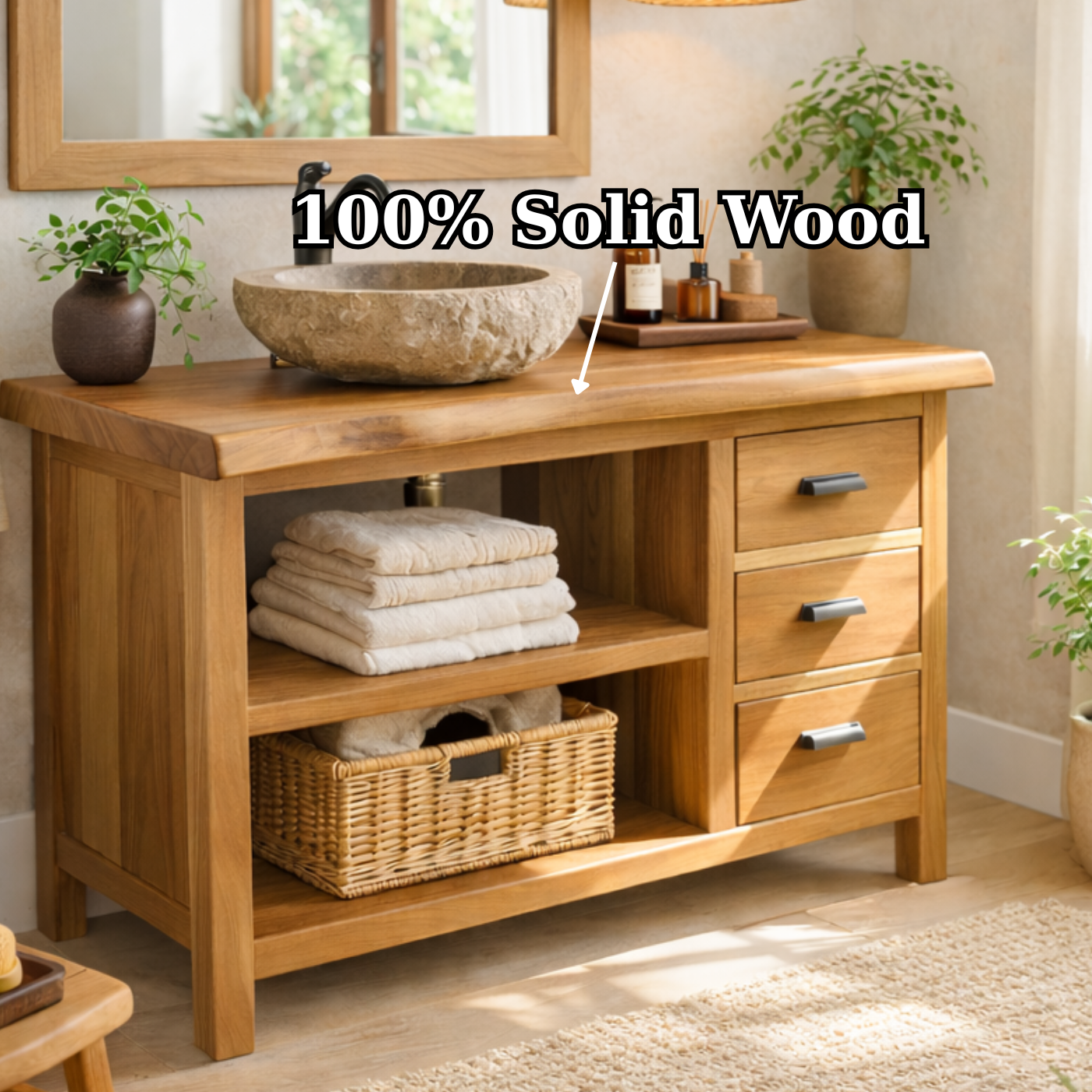 Solid Wood Bathroom Vanity with Three Drawers and Double Open Shelves for Modern Rustic Bathrooms