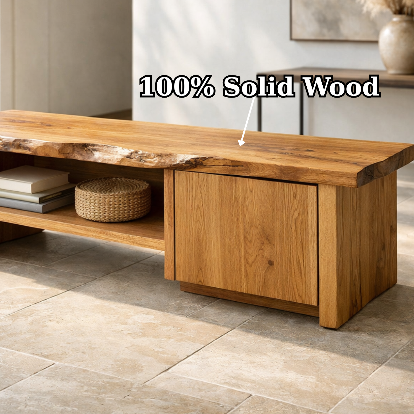 Solid Wood Entryway Bench with Storage Cabinet & Open Shelf – Rustic Modern Design