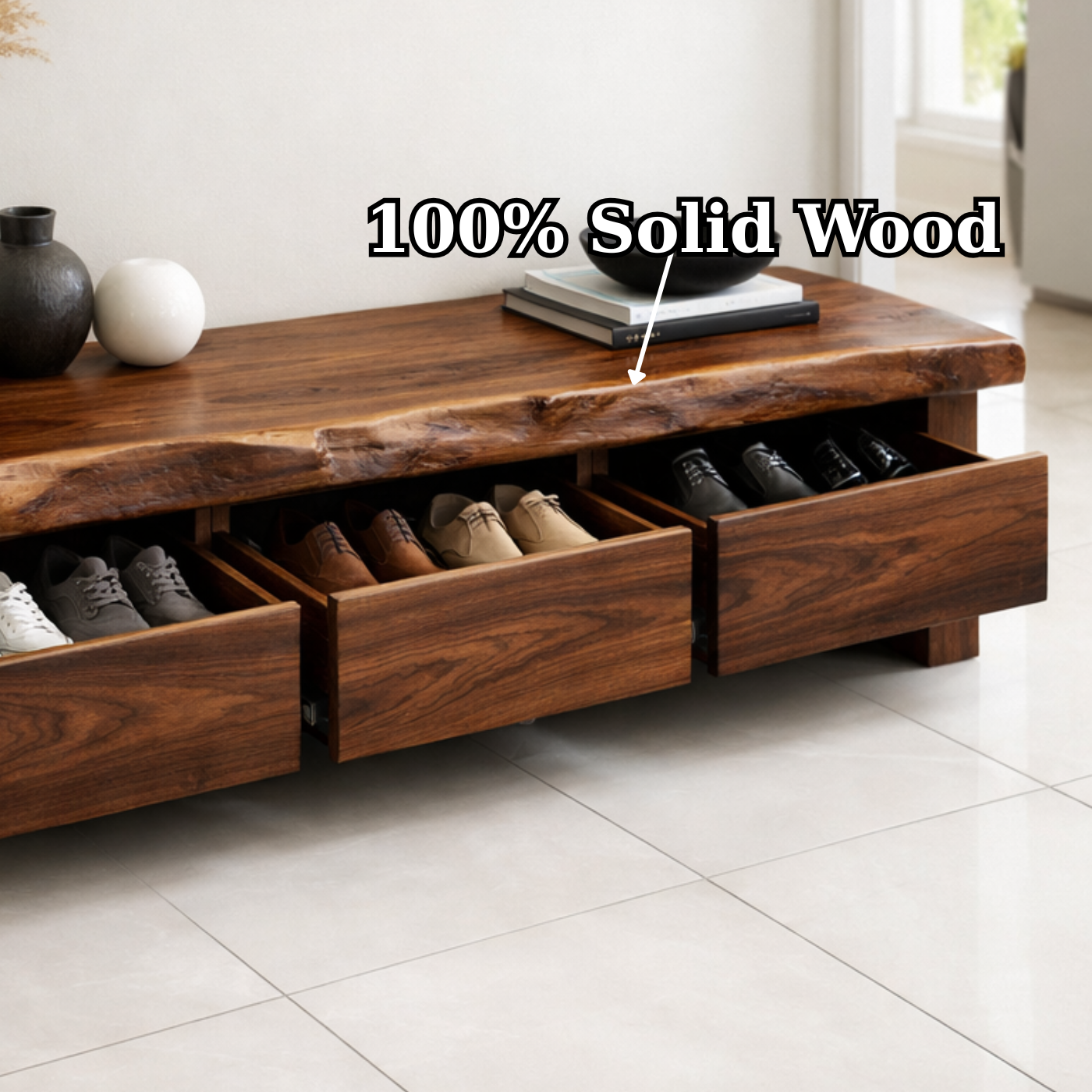 Solid Wood Entryway Bench with 3 Drawers – Hidden Shoe Storage Bench