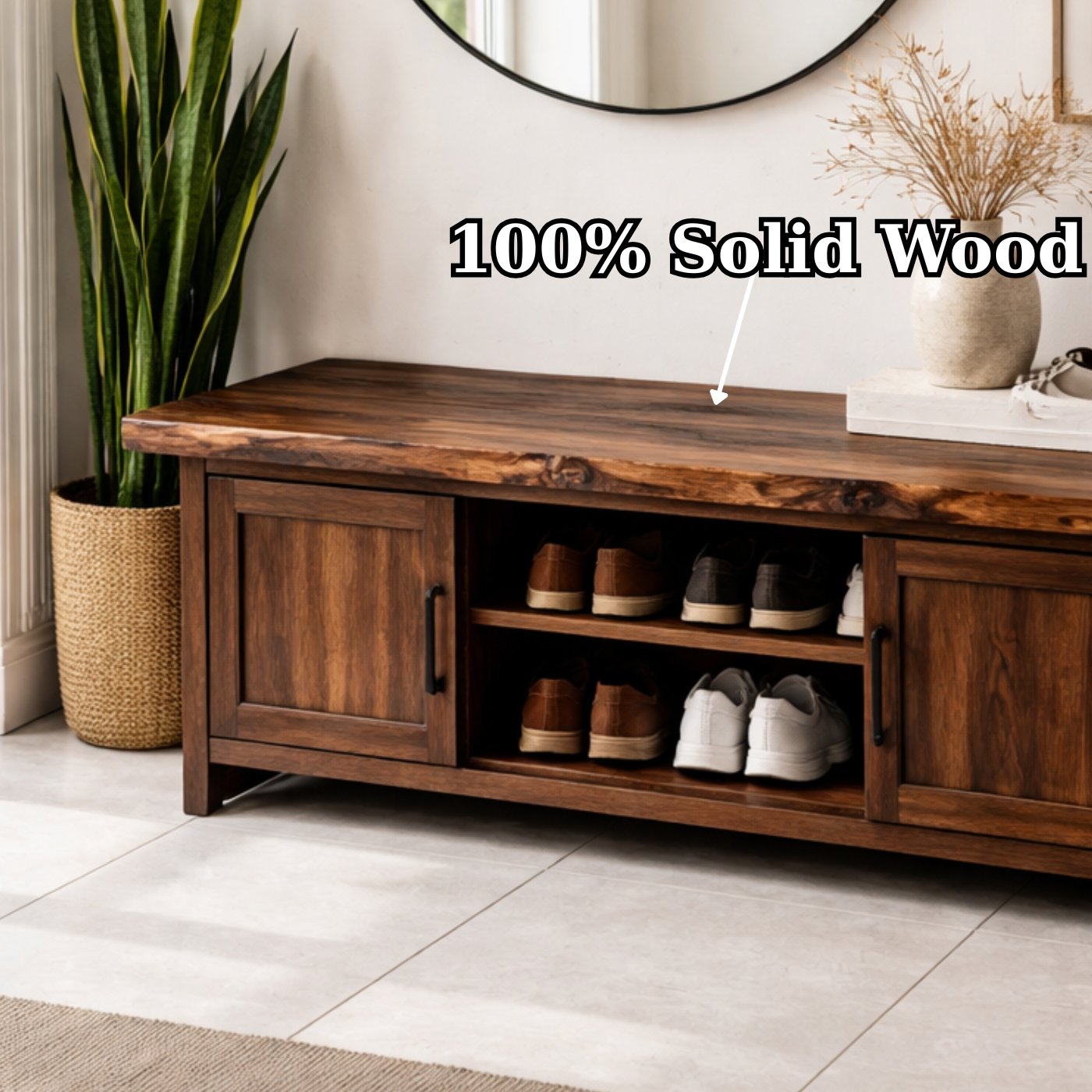 Solid Wood Entryway Bench with Cabinet & Open Shoe Storage – Rustic Modern Bench