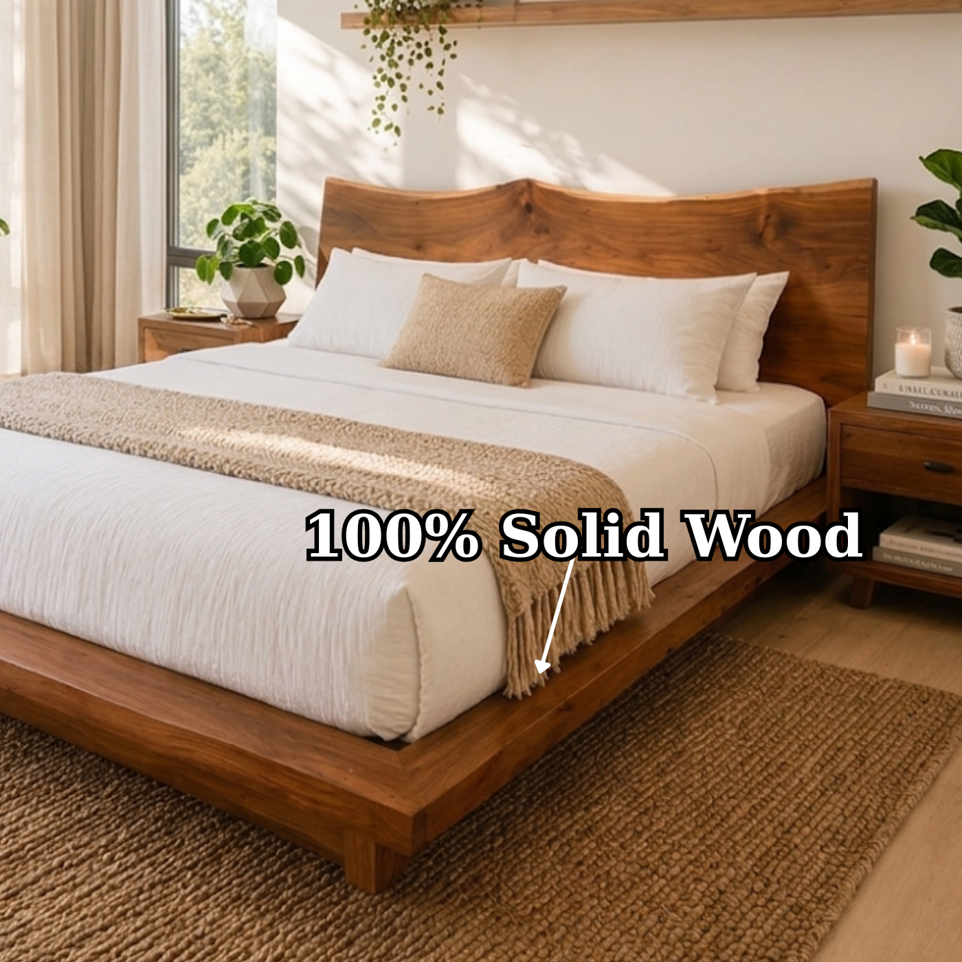 Handcrafted Live Edge Solid Wood Platform Bed Frame, Rustic Minimalist Bedroom Furniture