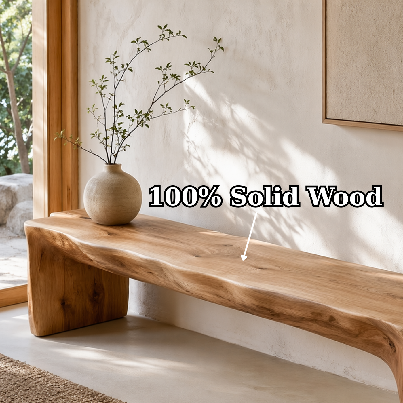 HandcraftedLive Edge Solid Wood Bench, Rustic Entryway Seat, Minimalist Organic Modern Furniture