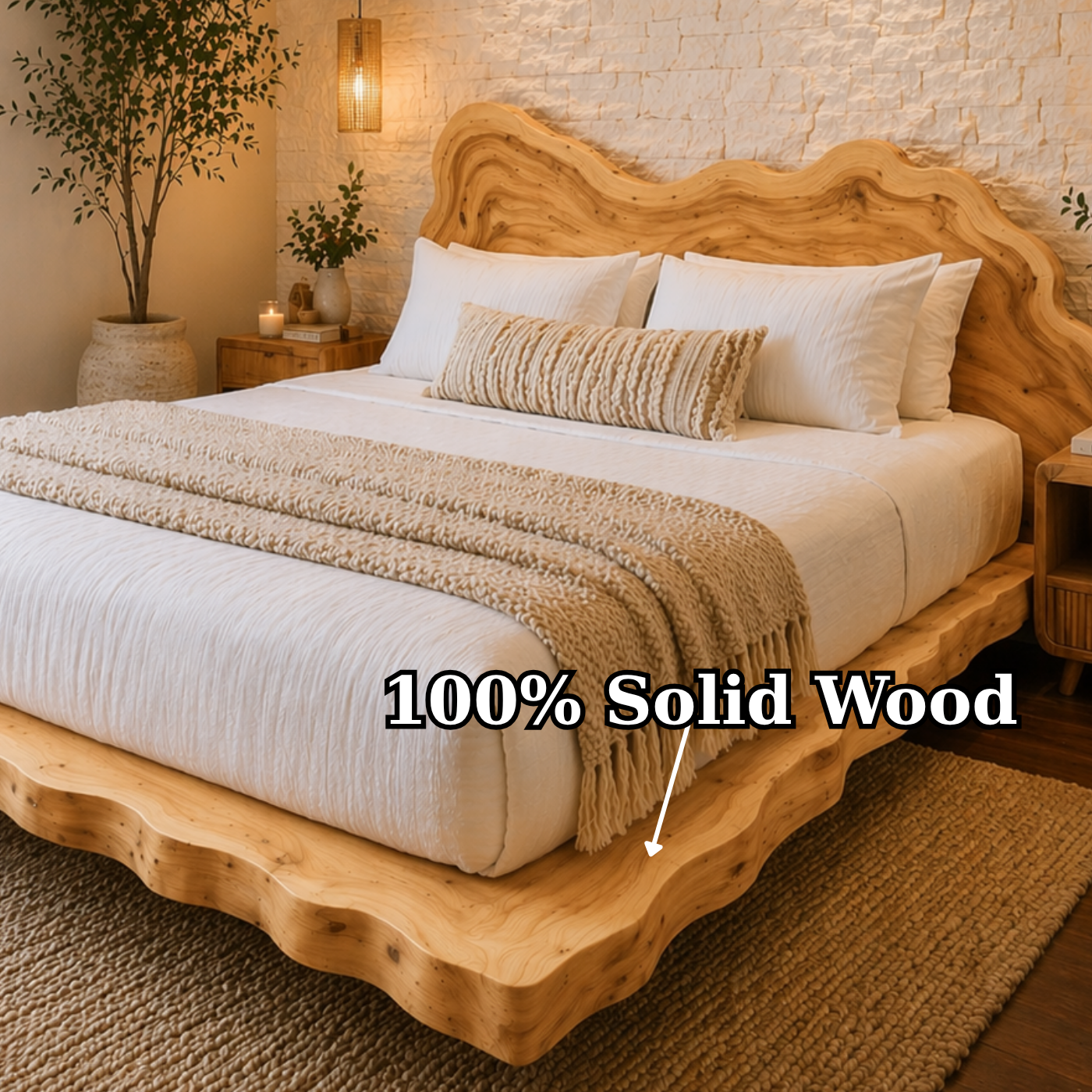 Live Edge Solid Wood Platform Bed Frame, Organic Wavy Headboard Furniture