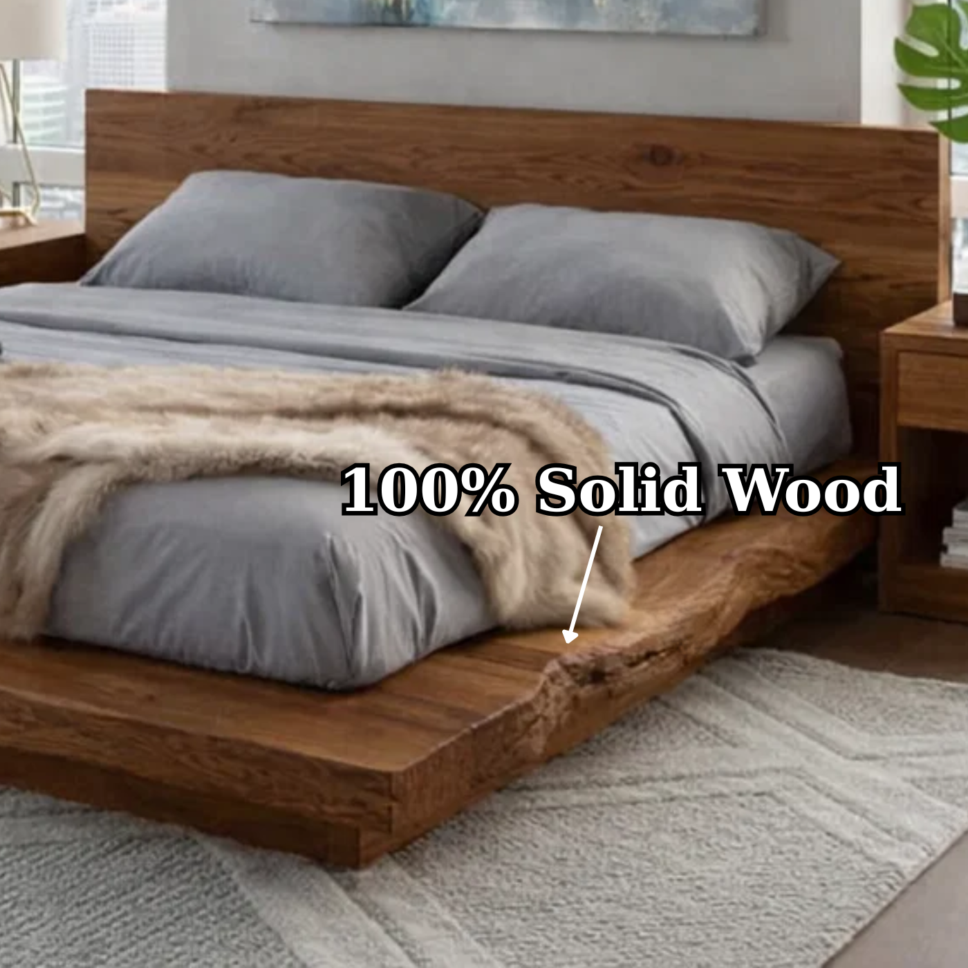 Handcrafted Live Edge Solid Wood Low Platform Bed with Minimalist Headboard
