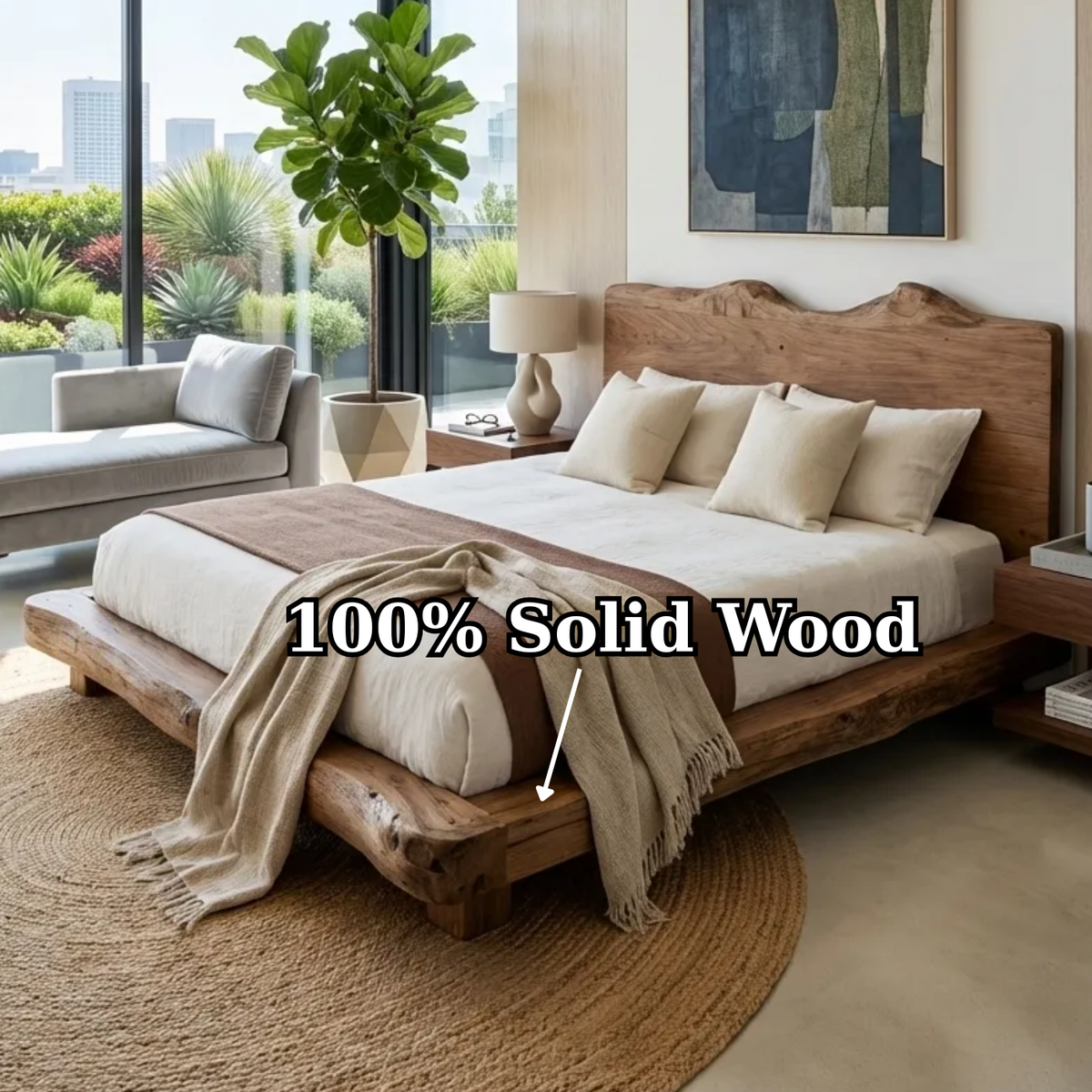 Handcrafted Live Edge Solid Wood Platform Bed, Rustic Organic Modern Bed with Headboard