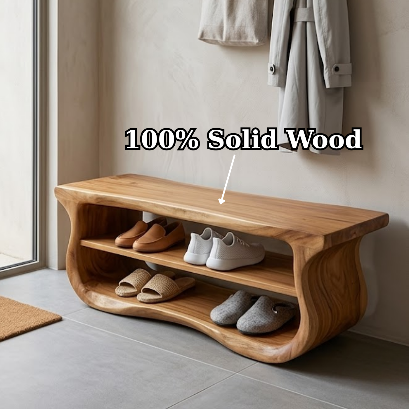 Solid Wood Entryway Bench with Shoe Storage, Organic Wavy Hallway Seating