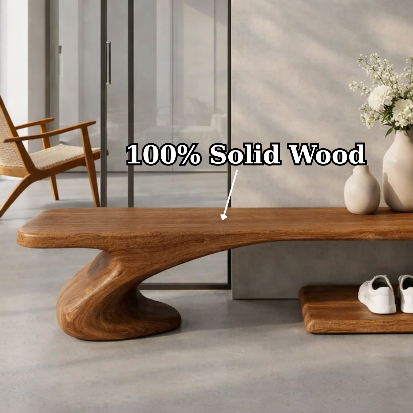 Solid Wood Sculptural Entryway Bench, Organic Wavy Minimalist Hallway Seat