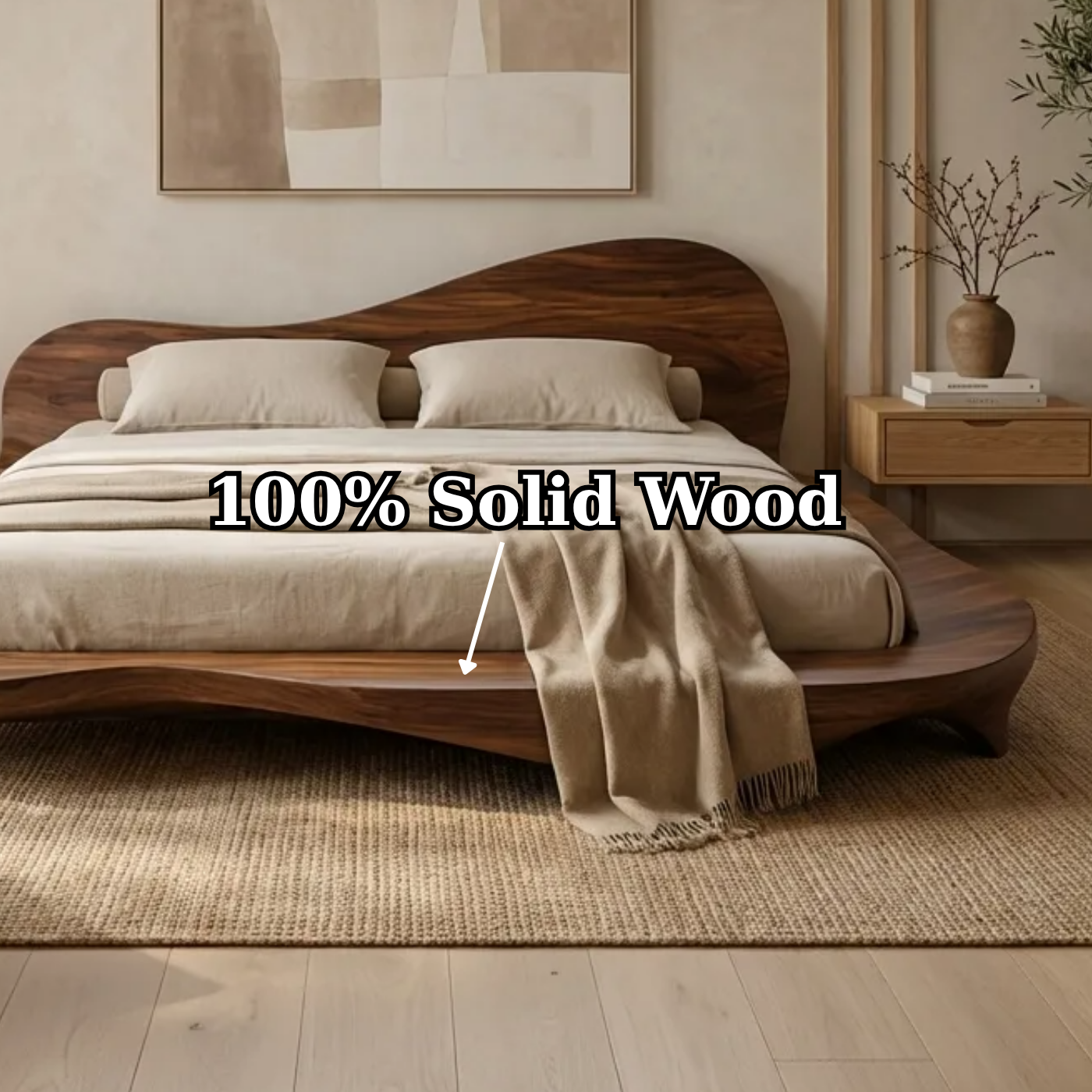 Handcrafted Solid Wood Sculptural Platform Bed, Organic Wavy Japandi Bed Frame