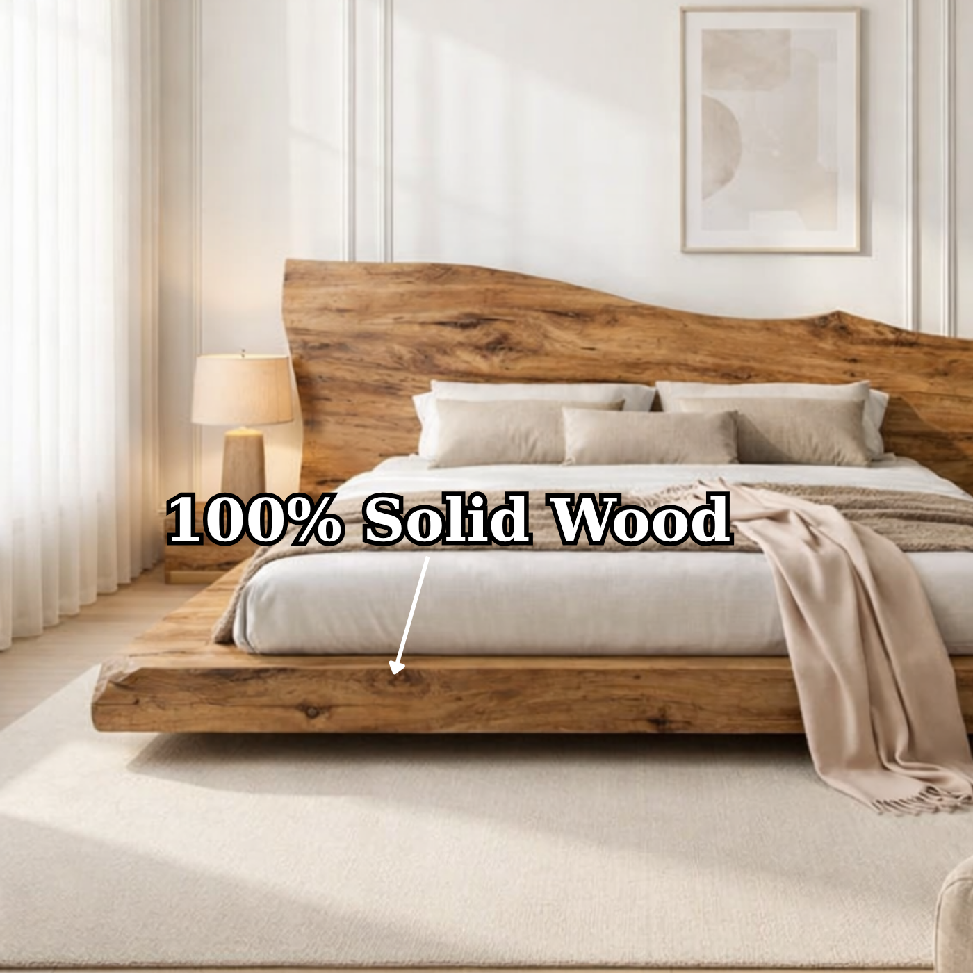 Solid Wood Platform Bed with Live Edge Headboard – Rustic Natural Wood Bed Frame, Modern Minimalist Bedroom Furniture