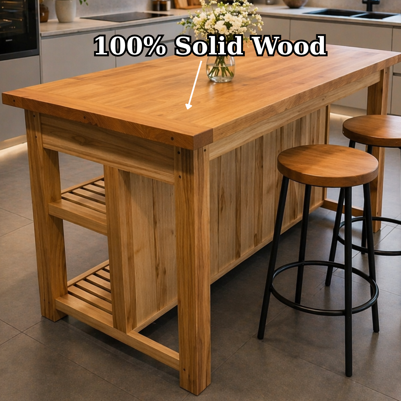 Solid Wood Kitchen Island Table with Storage Shelf – Rustic Modern Dining Island, Large Wooden Prep Table for Kitchen