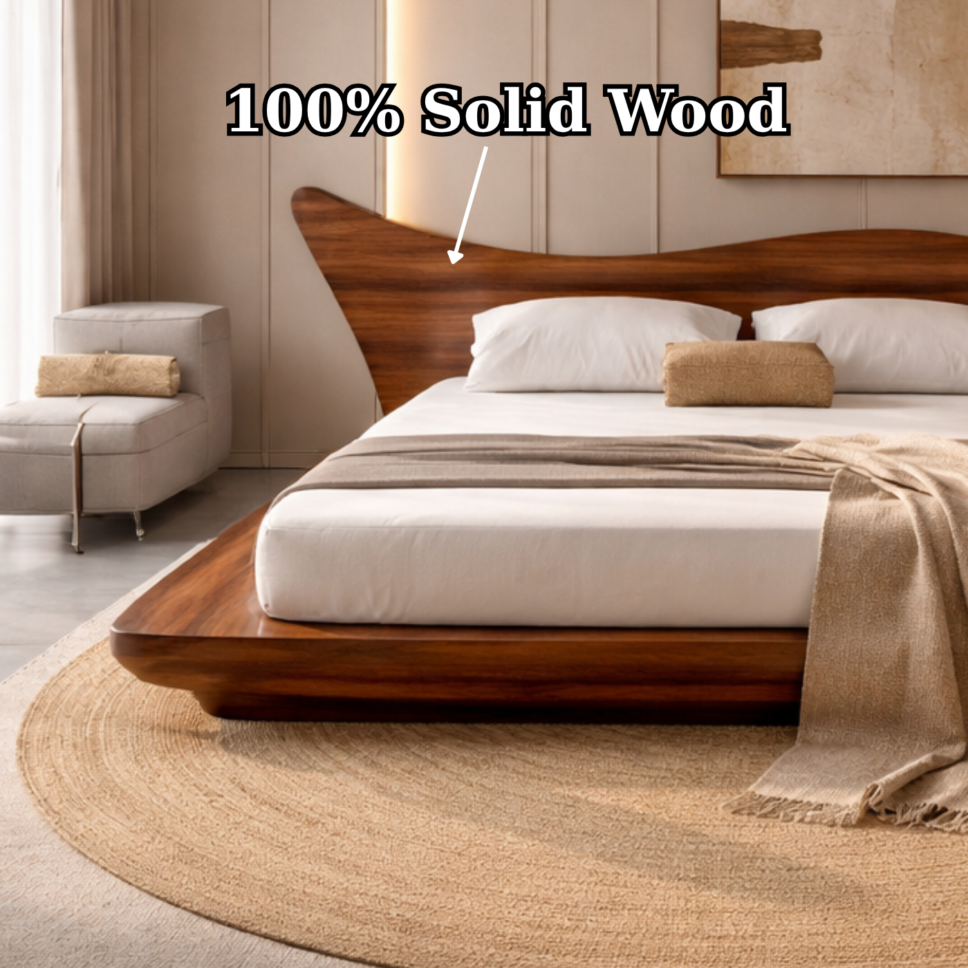 Solid Wood Platform Bed with Organic Curved Headboard – Modern Walnut Bed Frame, Luxury Minimalist Bedroom Furniture