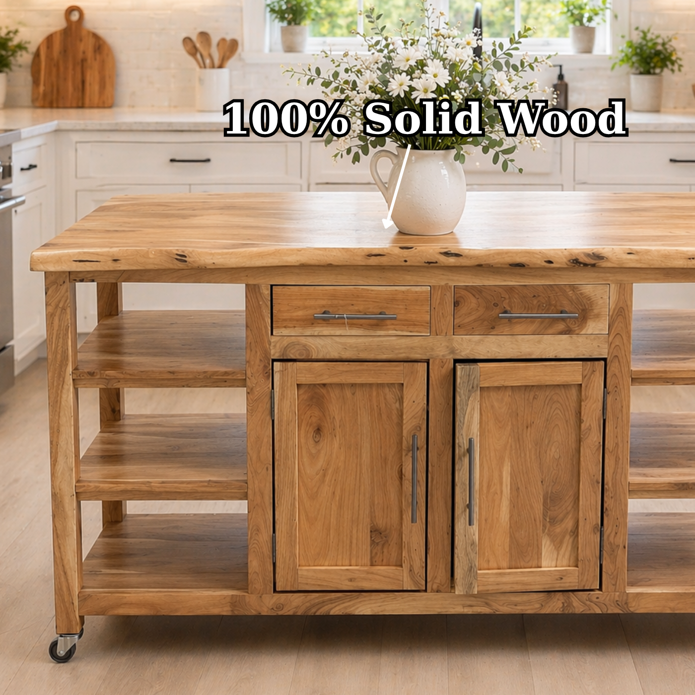 Solid Wood Kitchen Island with Storage & Shelves – Rustic Kitchen Cart, Rolling Prep Table with Drawers & Cabinet