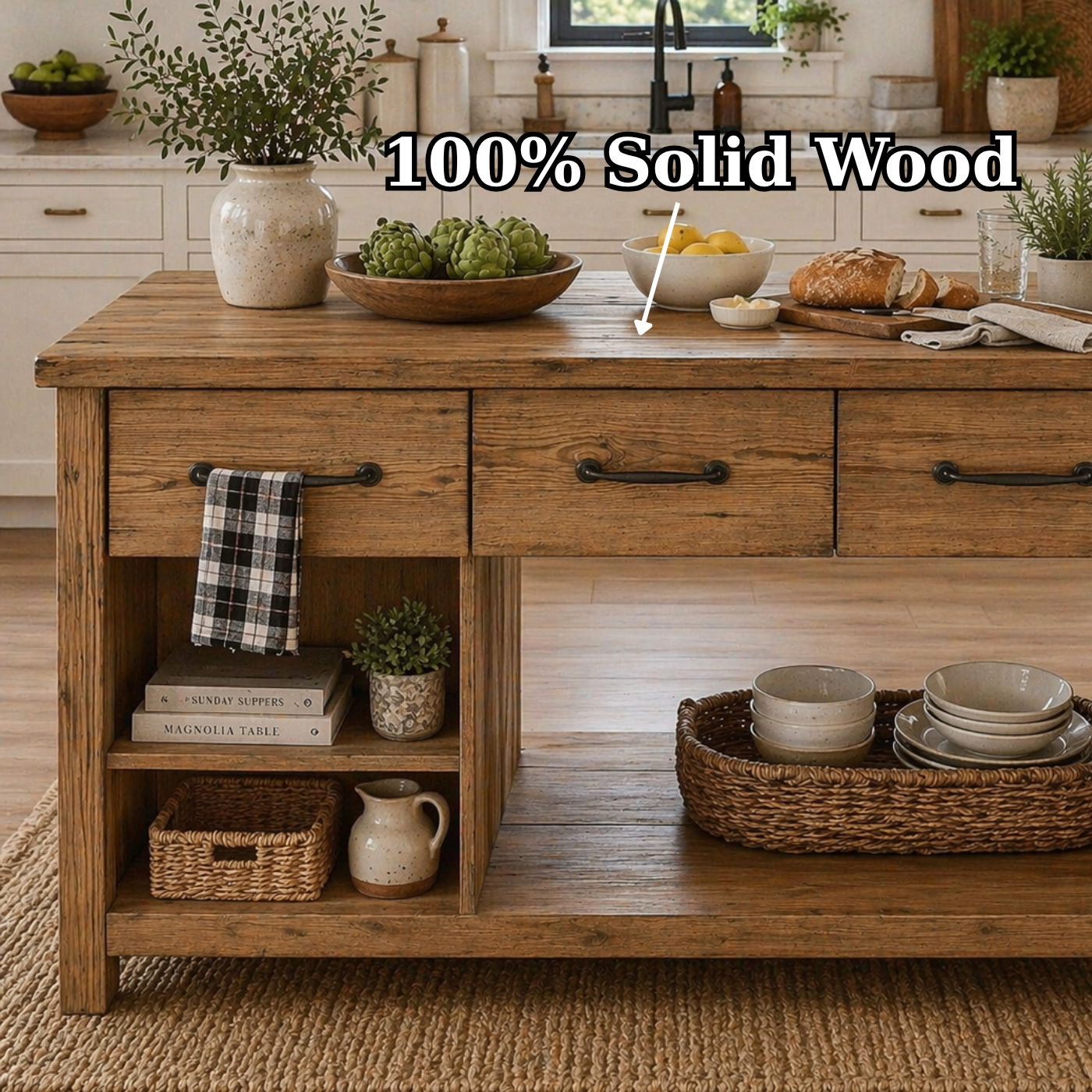 Solid Wood Kitchen Island with Drawers & Open Shelves – Rustic Farmhouse Kitchen Table, Large Wooden Prep Station