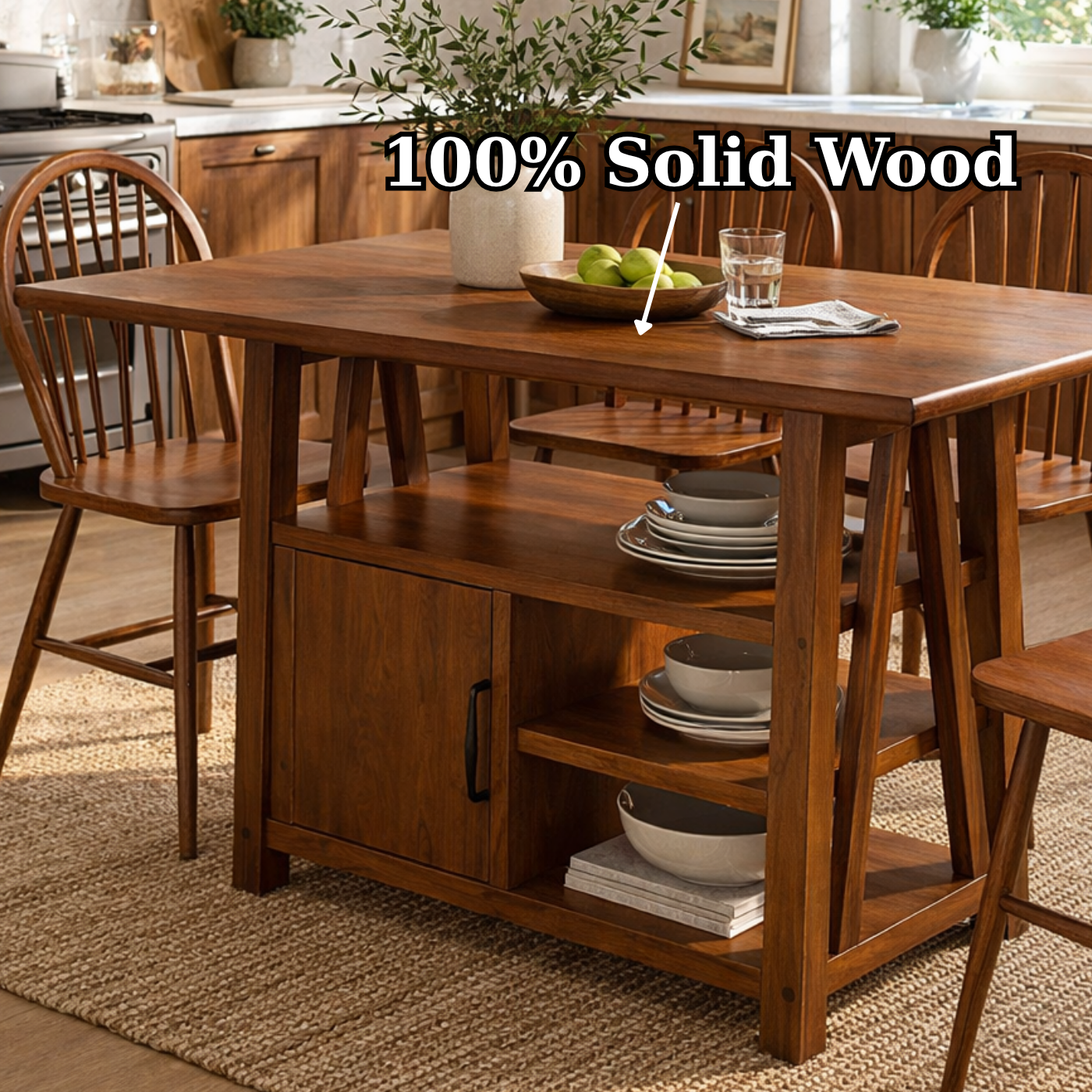 Solid Wood Dining Table with Storage Shelf – Rustic Walnut Kitchen Island Table, Wooden Dining Table with Cabinet