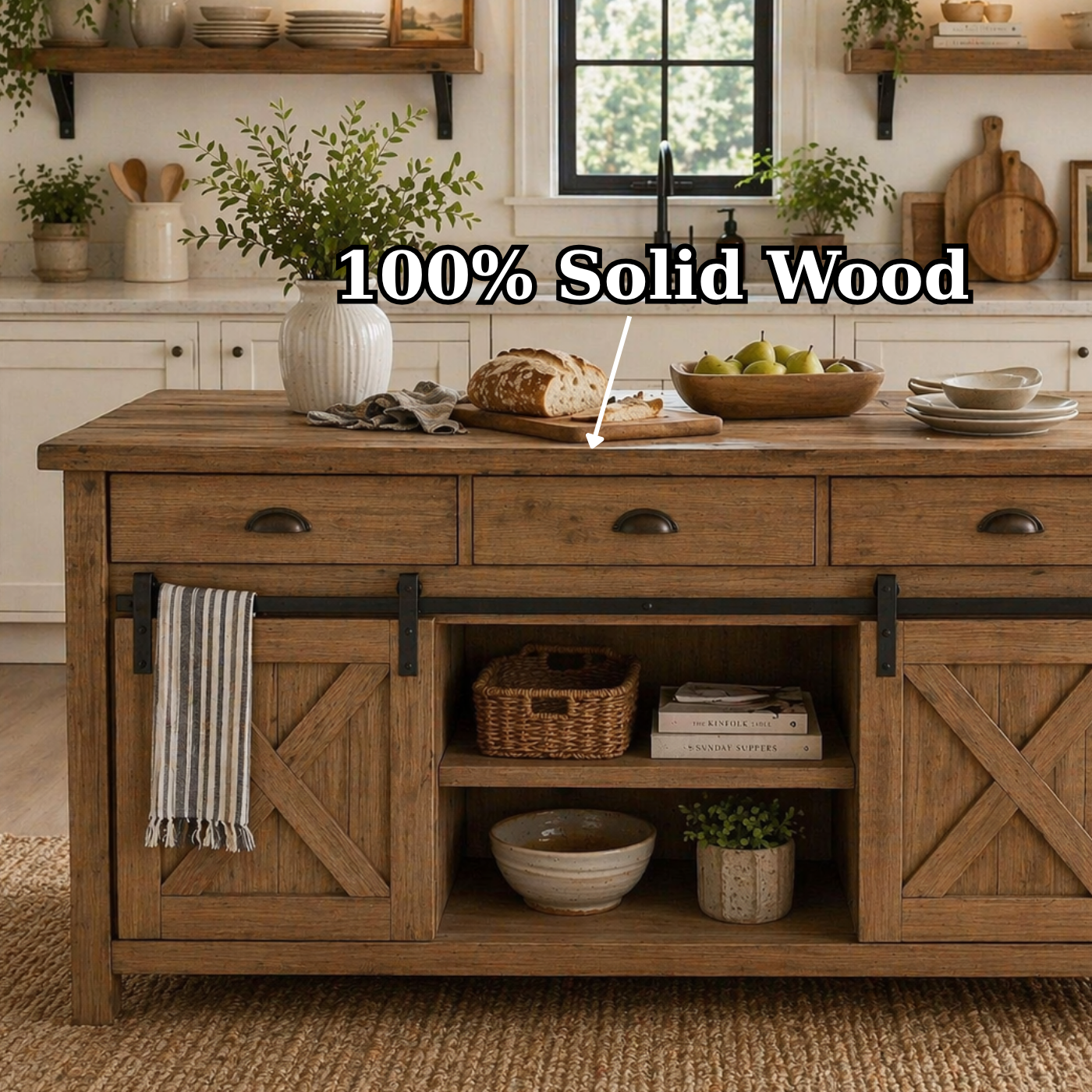 Solid Wood Kitchen Island with Sliding Barn Doors – Rustic Farmhouse Kitchen Table, Wooden Prep Island with Storage