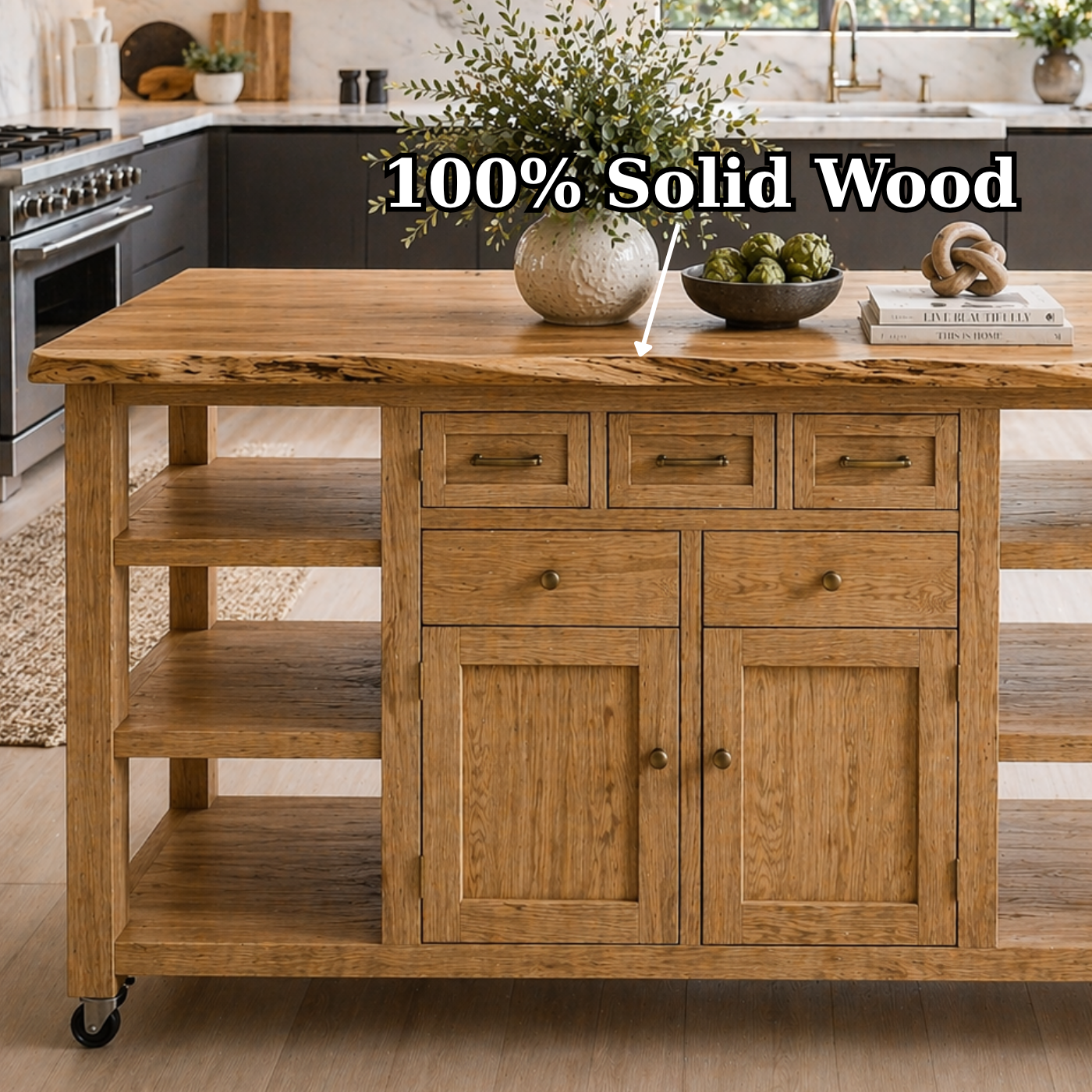 Solid Wood Kitchen Island with Storage & Shelves – Rustic Oak Kitchen Cart, Rolling Prep Table with Drawers & Cabinet