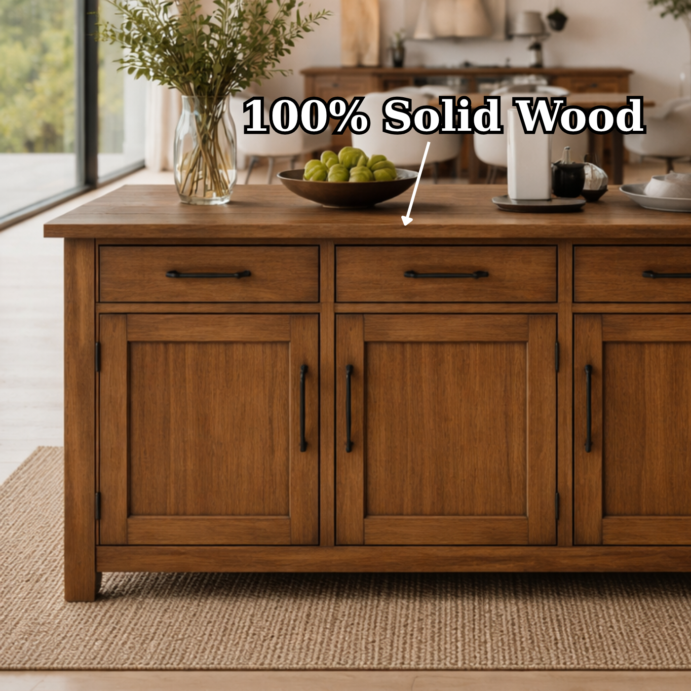 Solid Wood Kitchen Island with Cabinets & Drawers, Large Wooden Prep Table