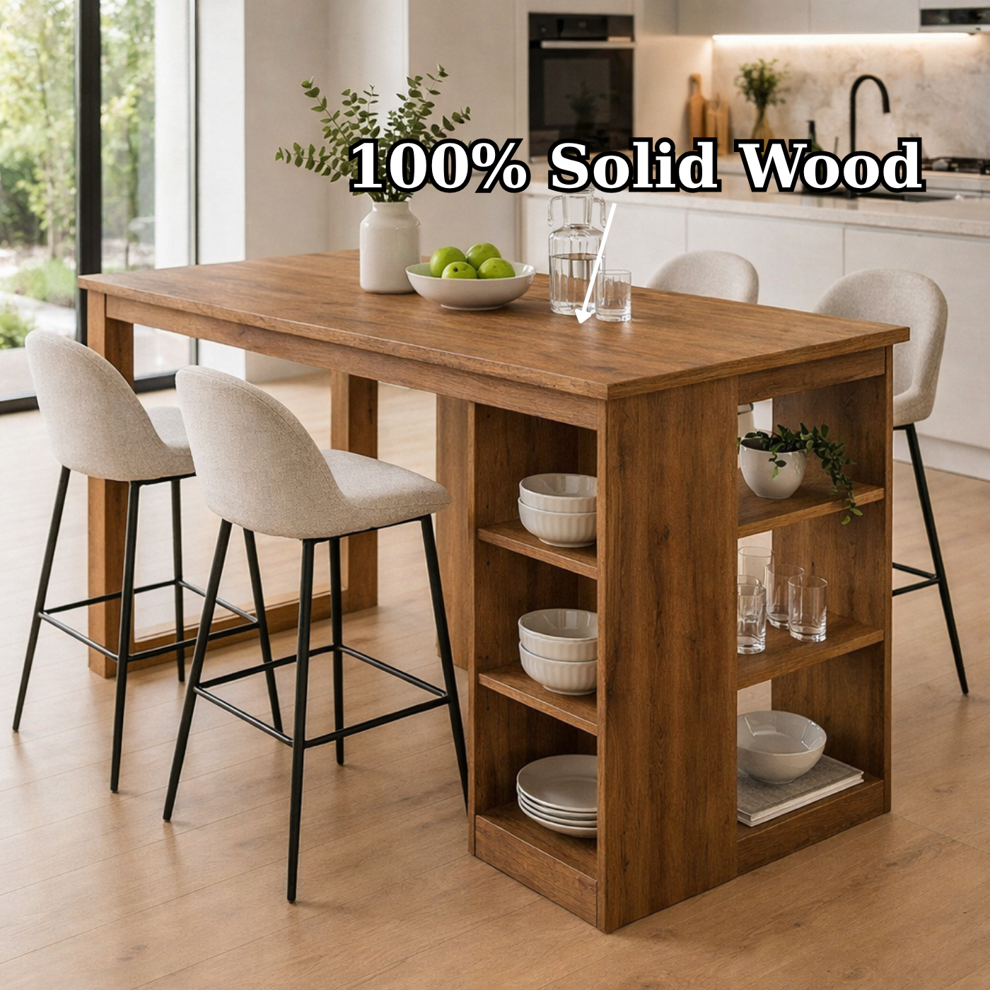 Solid Wood Kitchen Island with Open Shelves – Dining Island Table with Storage, Modern Rustic Kitchen Table