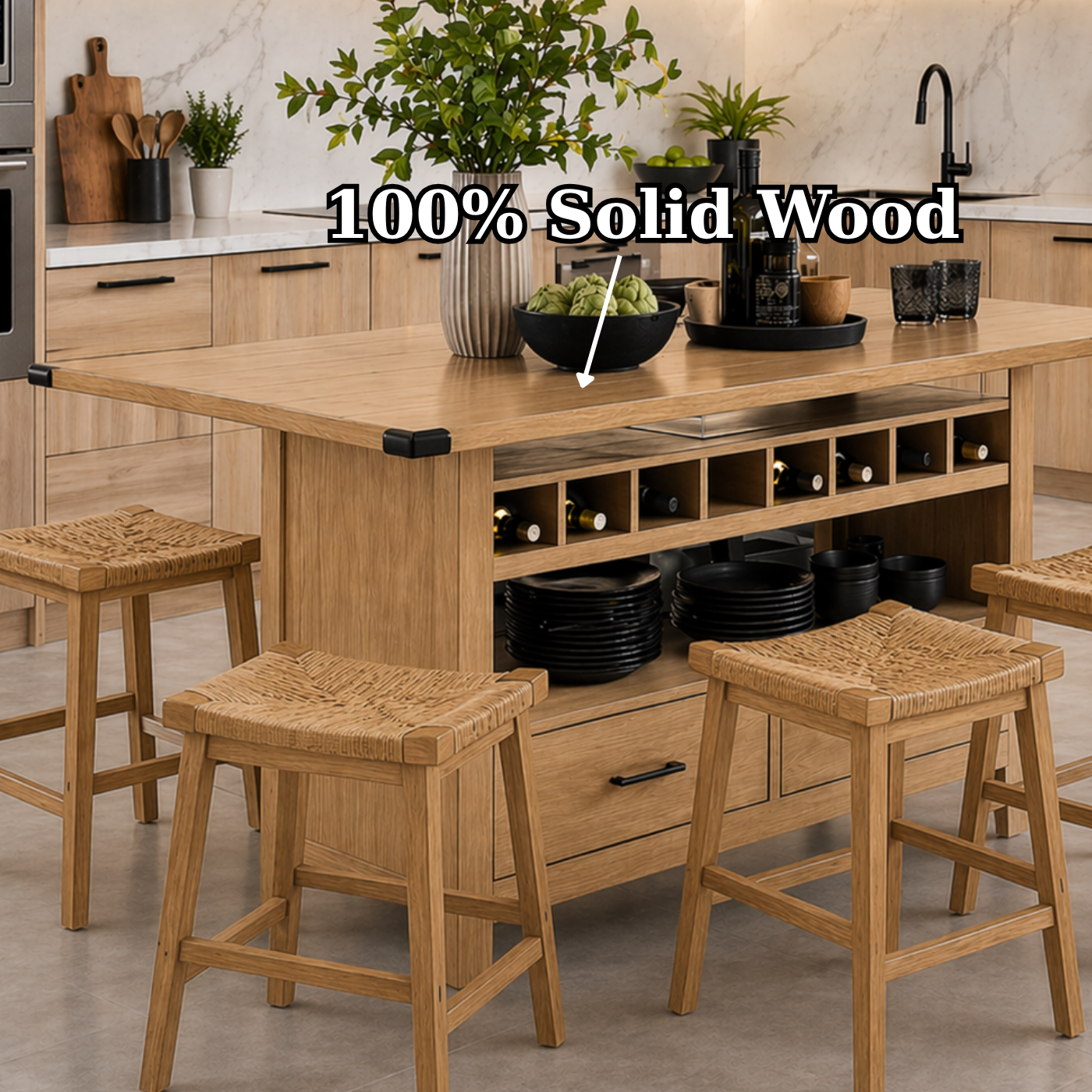 Solid Wood Kitchen Island with Wine Rack & Storage – Rustic Walnut Kitchen Table, Large Prep Island with Shelves & Drawer