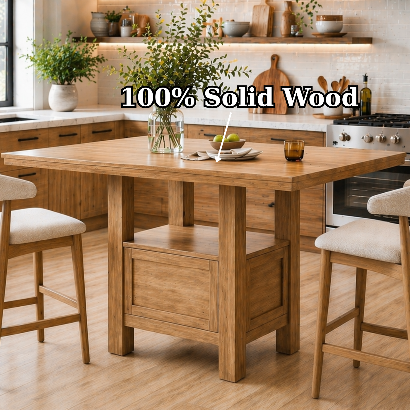 Solid Wood Kitchen Island Table with Storage Base – Walnut Dining Island Table, Rustic Modern Kitchen Table